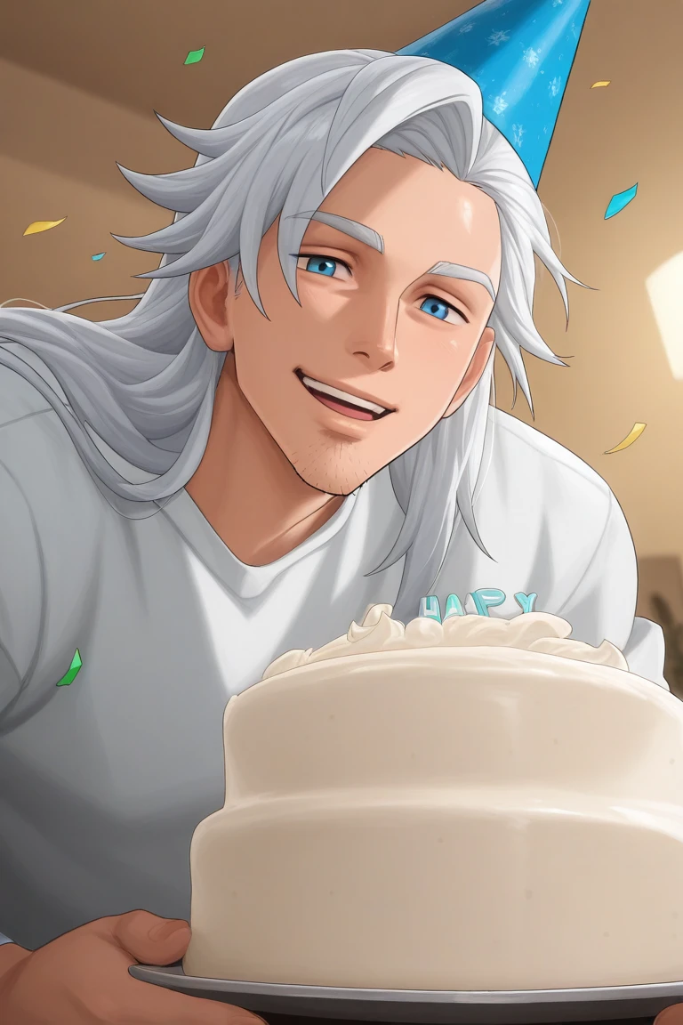 anime coloring, subsurface scattering, realistic shading, cute theme, holding a cake, male focus, leaning forward, looking at viewer, expressive face, maelnnt, black_maelnnt_stubble, white_maelnnt_long hair, blue eyes, 1boy, party hat, happy, shiny skin, wide smile, shirt, indoors living room, confetti, festive, dynami angle, intricately detailed illustration, depth of field, atmospheric perspective, masterpiece, best quality, amazing quality, very aesthetic, absurdres, newest, anime screencap