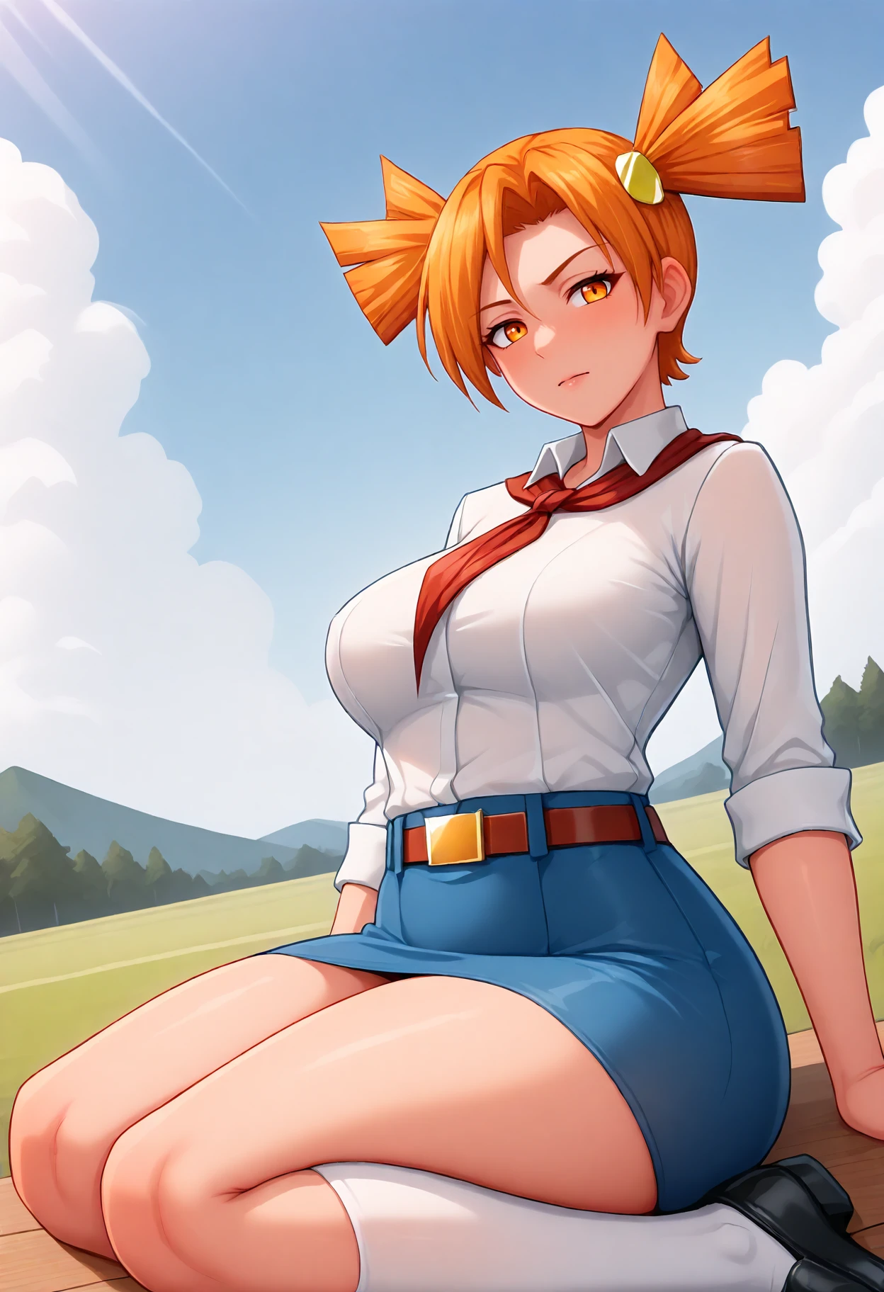 <lora:DvacheIll_2+-000009:1>
(perfect quality, best quality, absolutely eye-catching, masterpiece, absurdres, newest) BREAK
1girl, solo, dutch angle, looking at viewer, medium breasts,
DvacheIll, orange hair,orange eyes,short twintails,hair ornament,
White collared shirt, red neckerchief, blue skirt, belt, white socks, belt buckle, black shoes, medium breasts, (curvy, thick thighs:0.8), pioneer movement,
blue sky,cloud, sky,