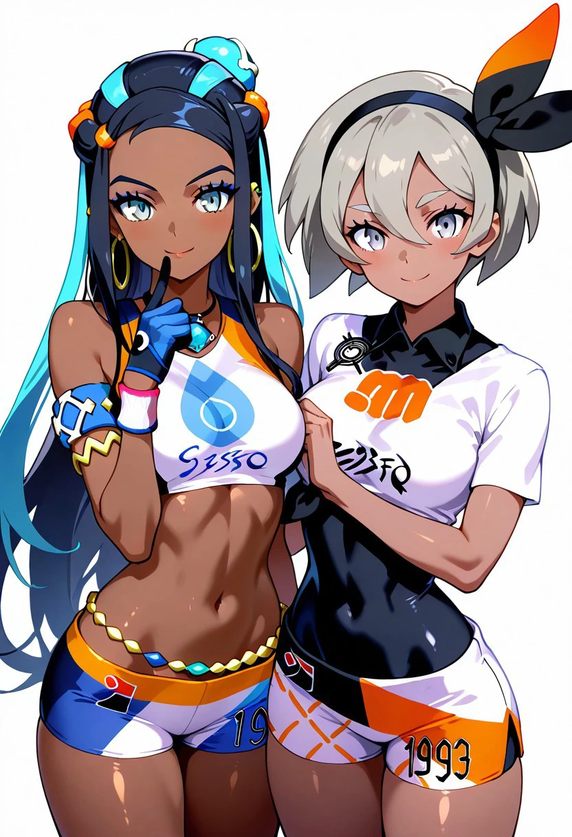 masterpiece, best quality, 21 year old model, eyelashes, (beautiful eyes),     ,,,2girls,  zzBea, grey eyes, grey hair, short hair, hair between eyes, black hairband, dark-skinned female, crop top, print shirt, , shorts, single glove, zzNessa, dark skin, makeup, single hair bun, crop top, single glove, spandex shorts, hoop earrings, belly chain, armlet, wristband,  smile,  dynamic pose, cowboy shot, smile, looking at viewer, shiny skin,