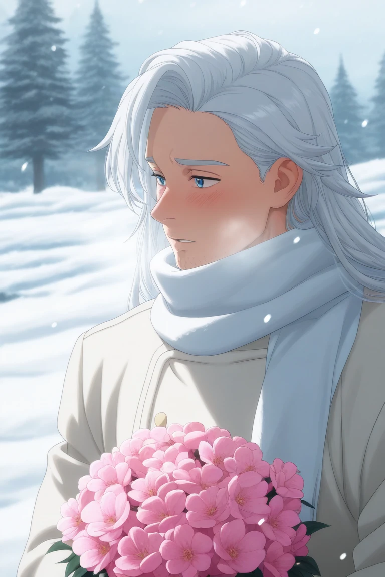 anime coloring, subsurface scattering, realistic shading, natural lighting, snowing, snow, winter theme, breath, holding pink flower bouquet, male focus, looking away, shy, expressive face, maelnnt, black_maelnnt_stubble, white_maelnnt_long hair, blue eyes, parted lips, covered mouth, 1boy, blush, winter clothes, shiny skin, white scarf, jacket, outdoors, tree, romantic, intricately detailed illustration, depth of field, atmospheric perspective, masterpiece, best quality, amazing quality, very aesthetic, absurdres, newest, anime screencap