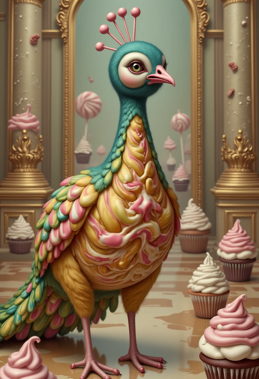 MydenStyle A regal peacock with feathers made of rainbow lollipops, strutting across a golden ballroom floor. The birdâs body is partially translucent, revealing swirling streams of liquid caramel inside. Its crown is made of peppermint sticks, and it gazes haughtily at a group of anthropomorphic cupcakes bowing in its presence. The walls of the ballroom are mirrors that reflect impossible landscapes of endless desserts.