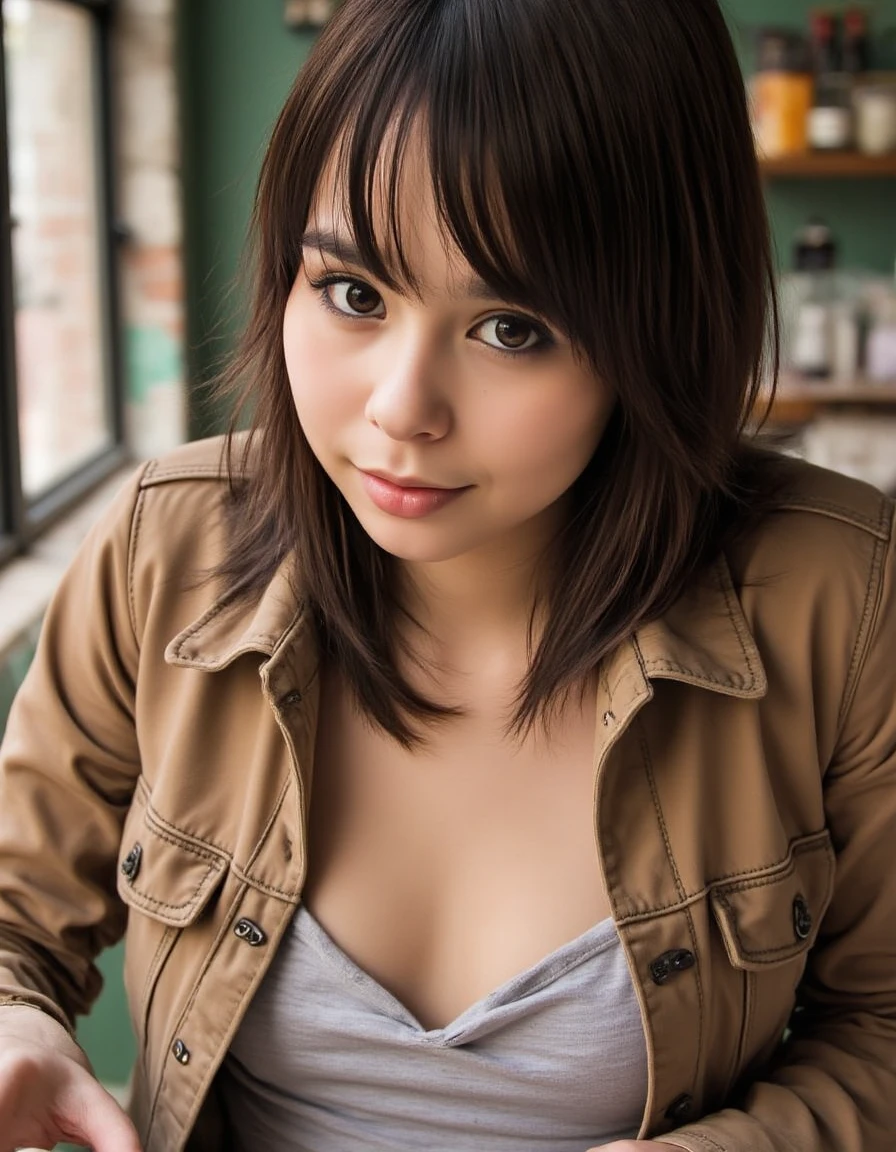 glamour portrait of a young woman, wearing a shirt and jacket, having coffee in a vintage cafe, natural light, RAW photo, subject, 8k uhd, dslr, soft lighting, high quality, film grain, Fujifilm XT3