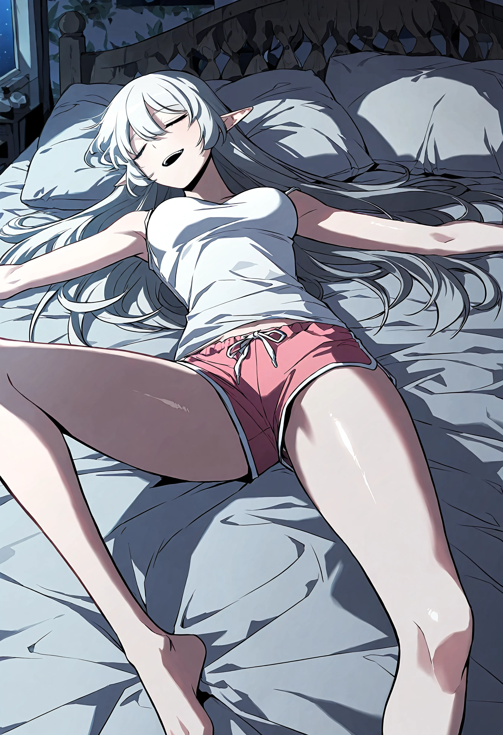 masterpiece, best quality, amazing quality, very aesthetic, absurdres, newest, scenery, 1girl, solo, medium breasts, smile, sleeping, open mouth, <lora:Alice von Ataraxia young illustxl:0.9> long hair, closed eyes, grey hair, white hair, pointy ears, hair between eyes, white camisole, pink shorts, short shorts, dolphin shorts, upper body, lying, pillow, (legs apart:0.9), bare foot, on back, on bed, spread arms, bedroom, dark, night, inside, looking away, shiny skin, masterpiece, best quality, amazing quality, very aesthetic, absurdres, newest, scenery