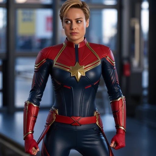 Captain Marvel. The image is a high-resolution photograph featuring a woman standing in a futuristic, as if in motion or ready to leap.   She is dressed in her iconic costume, likely in a dynamic pose, red, professional manner, with a fierce and determined expression. She is standing in the center of the image, with a focused gaze directed slightly off-camera., and futuristic outfit. The suit features a dark blue and red color scheme with gold accents