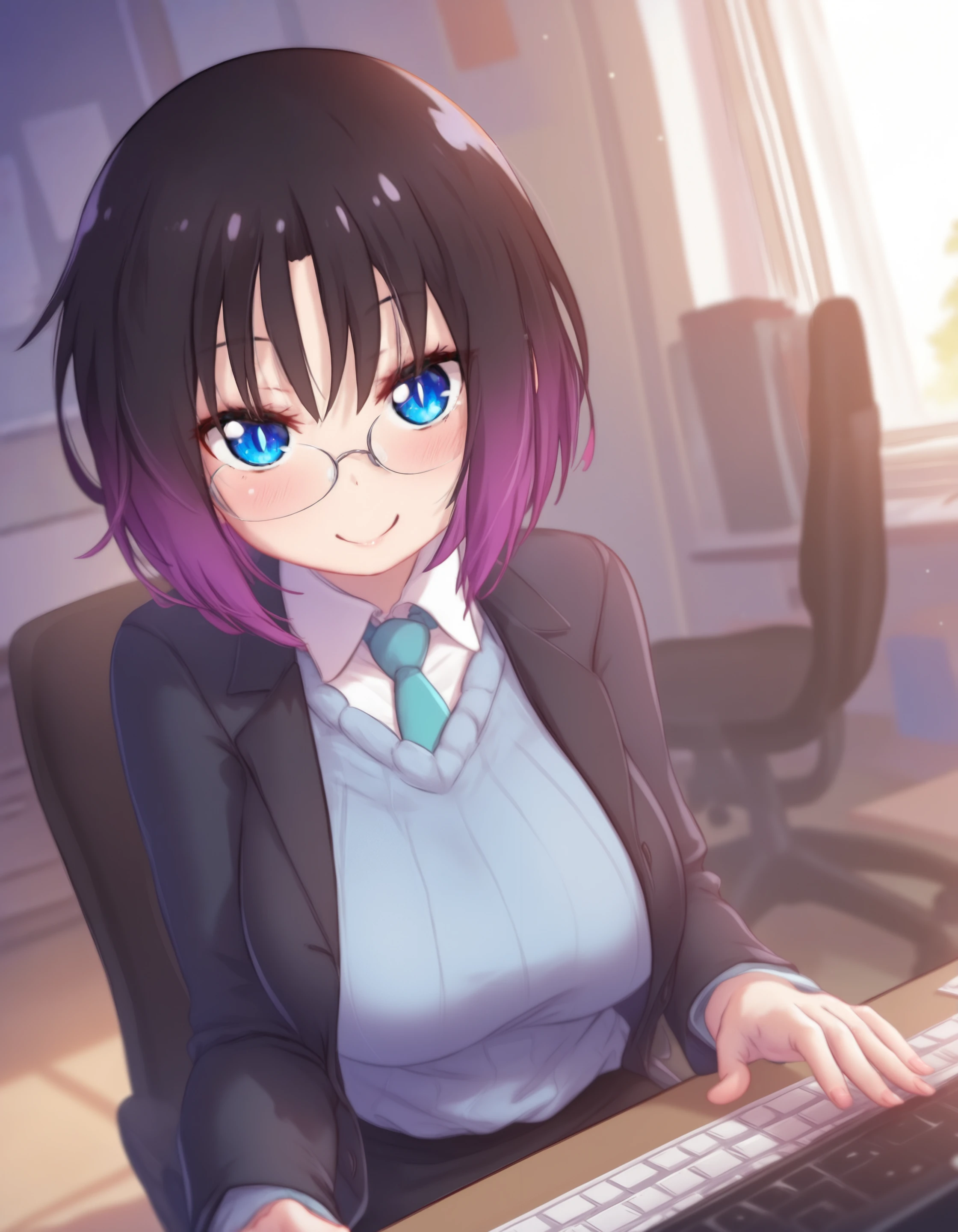 mitsuartstyle, anime screencap, 1girl, solo, breasts, looking at viewer, smile, short hair, sweater, blue sweater, sweater vest, ribbed sweater, blazer, open jacket, blue eyes, pencil skirt, office lady, large breasts, long skirt, slit pupils, black hair, purple hair, multicolored hair, necktie, glasses, sitting, office chair, desk, typing, computer, window, gradient hair, office, (elma (maidragon):1.1), masterpiece, best quality, newest, absurdres, highres, safe