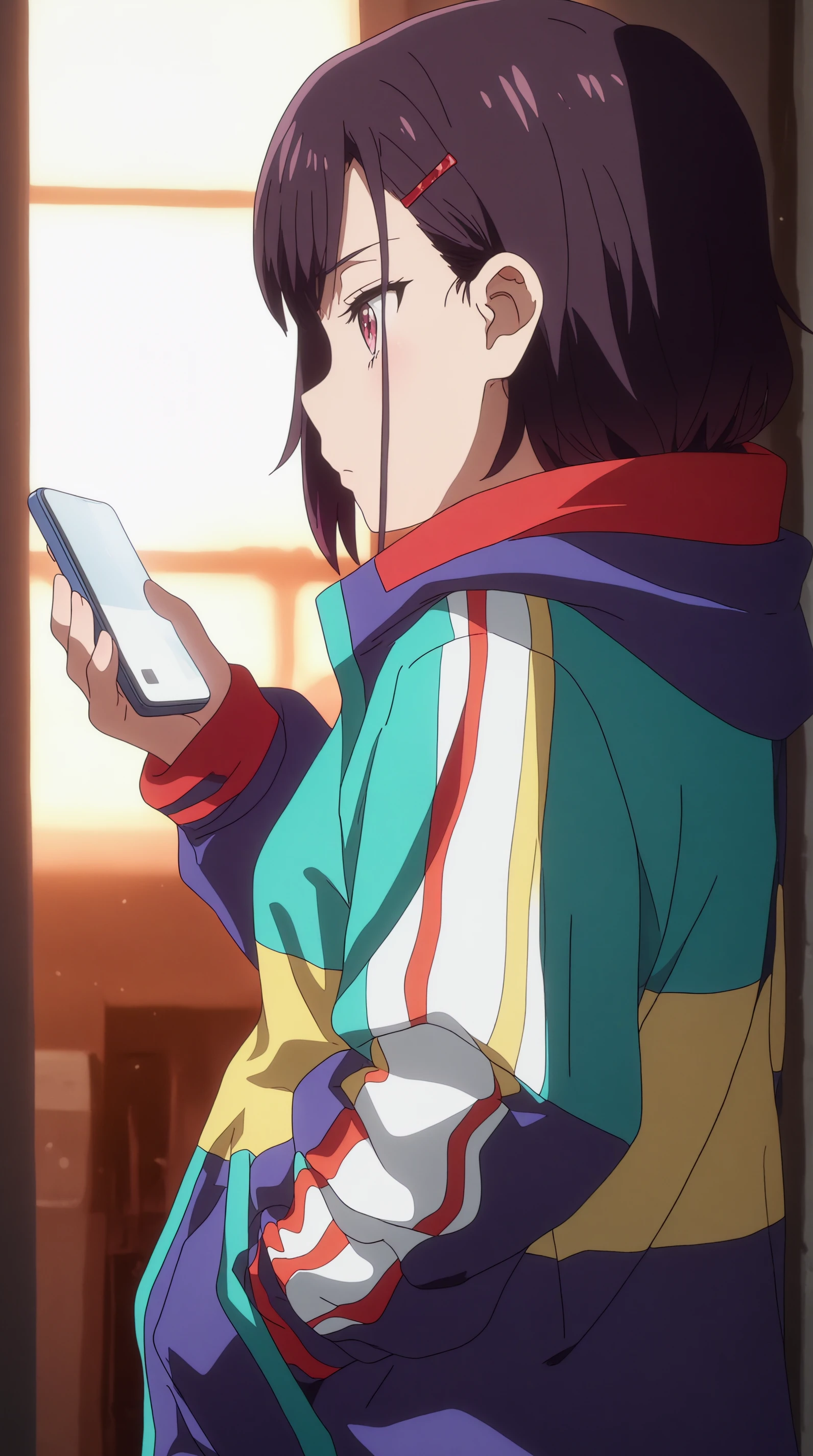 masterpiece, best quality, cinematic lighting, amazing quality, very aesthetic, absurdres, best quality, newest, year 2023,  Shizuka Mikazuki, Main Outfit, solo, holding, from side, phone, hood down, cellphone, smartphone, holding phone, hand in pocket  <lora:JN_Shizuka_Mikazuki_Illus:0.8>