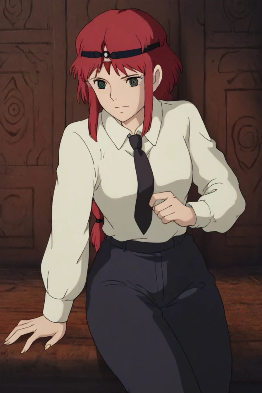 <lora:mak1ma0XL_Pony_v1:0.6> , mak1ma0, (makima:0.6), red hair, long hair, ringed eyes, braid, white collared shirt,black necktie, black pants, 1girl, solo, alone,  <lora:princess_momonoke_style_illustriousXL:1>, princess_momonoke_style, masterpiece, highres