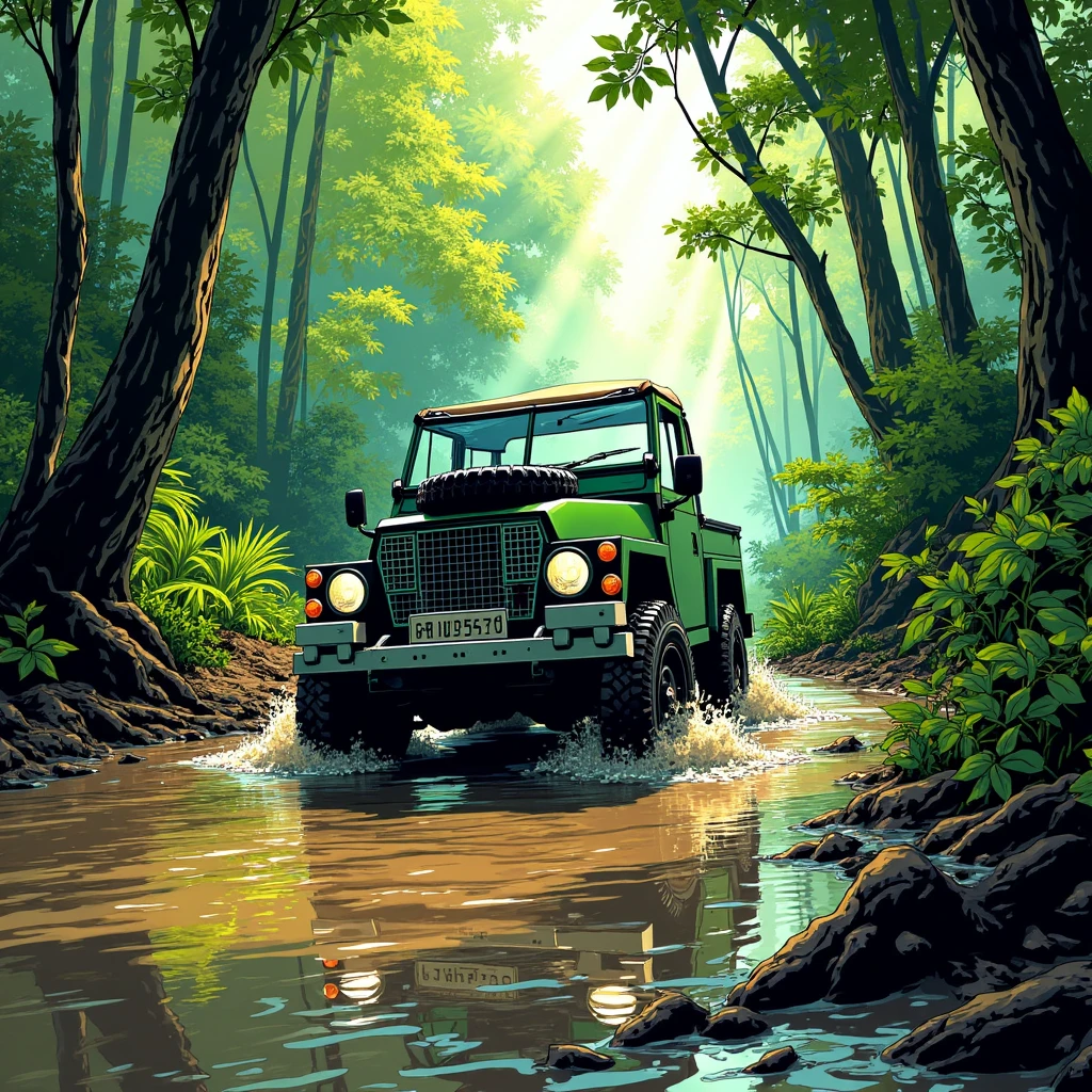 Imagine an image in the style of graphic novel realism: A Land Rover Lightweight pushes through a swampy jungle track, its wheels gripping the wet, uneven ground. Vibrant green vegetation and shafts of sunlight pierce the canopy above, framing the vehicle's determination to conquer the wild.