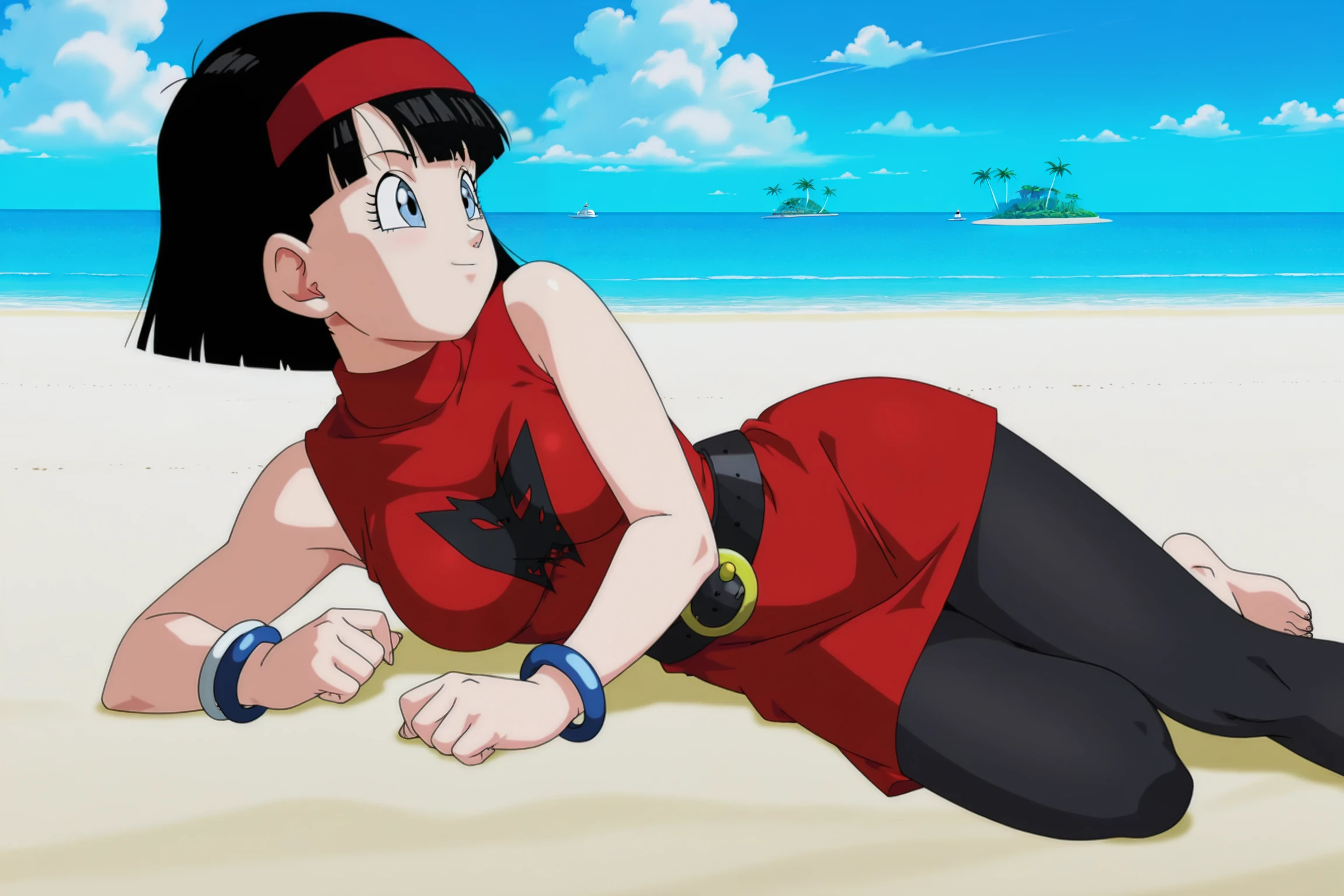 anime screencap, absurdres, high quality, 
videl, dragon ball super, official style, devil dress, 1girl, solo, breasts, smile, short hair, bob cut, bangs, blue eyes, black hair, red hairband, turtleneck, red dress, sleeveless dress, print dress, symbol, bracelet, black belt, pantyhose, black legwear, barefoot, looking ahead, from side, lying, beach, sand, blue sky, cloud, ocean, island, day
 <lora:Videl:0.8>