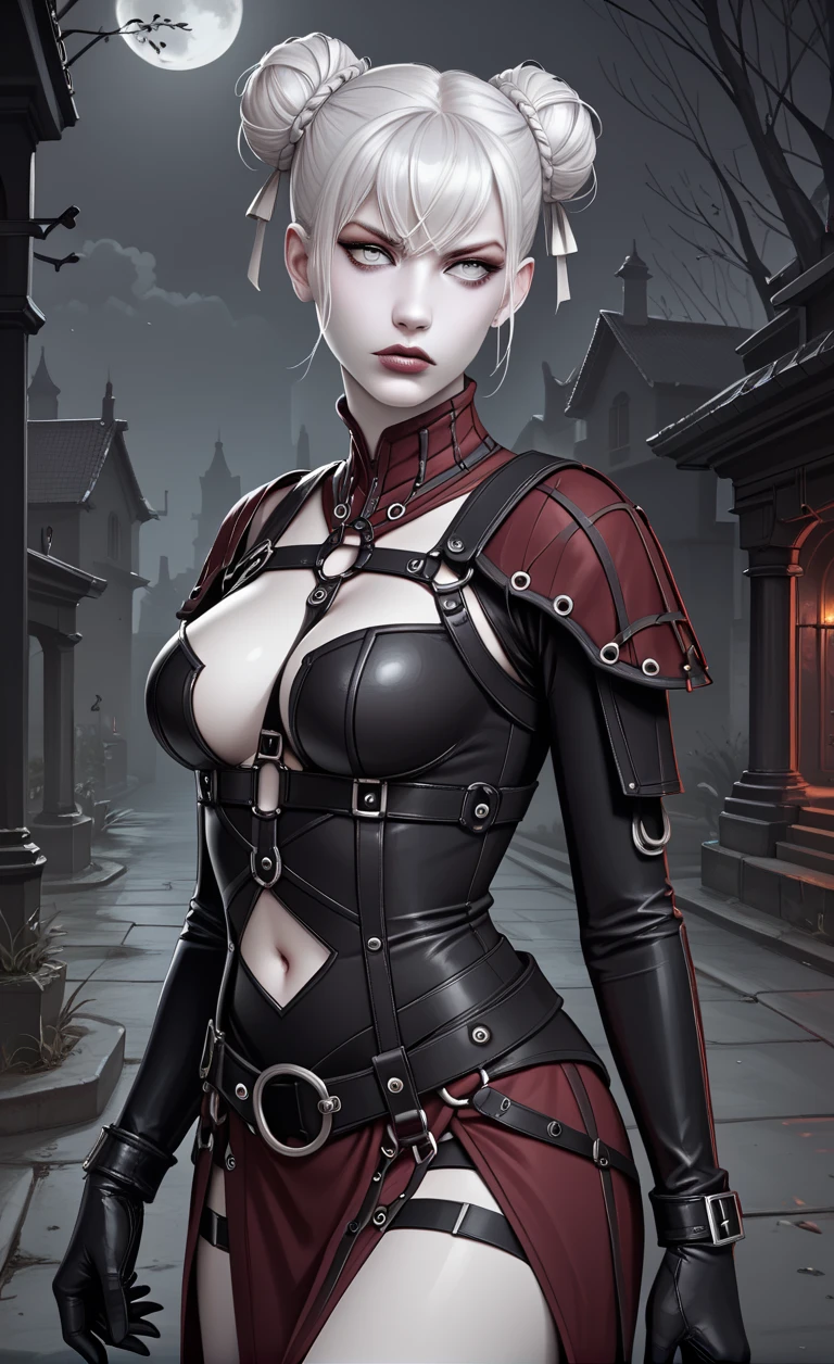 1girl, solo, 
score_6, score_7, score_8, score_9,
masterpiece, best quality, highly detailed,
<lora:Eve_GW_necromancer:0.85>, twin-buns, white hair, gray eyes, black and maroon outfit, pale skin, navel cutout, lips, black gloves, cleavage, black sleeves, curvy, harness, belts,
outdoor, night,