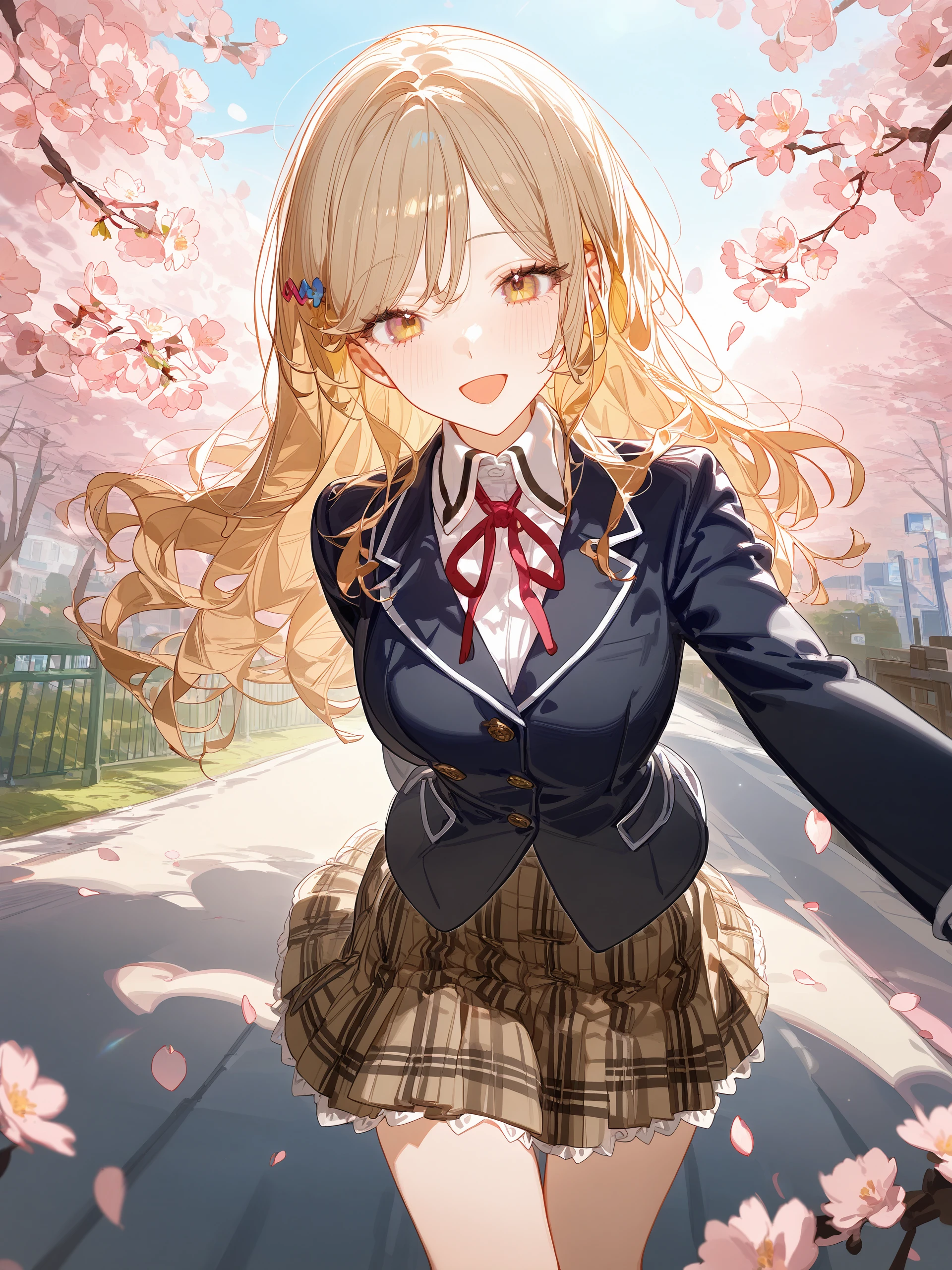 1girl, sena ajisai, hairclip, solo, school uniform, pleated skirt, plaid skirt, white collared shirt, blazer, neck ribbon, double v, looking at viewer, smile, open mouth, standing, cowboy shot, outdoors, street, cherry blossoms, petals, depth of field <lora:Char-Sena_Ajisai-V1-SDXL:0.9>, illustration, incredibly absurdres, ultra detailed, masterpiece, best quality, perfect features, intricate details, ray tracing, very aesthetic, (hitenkei, askzy:0.4), [<lora:XL-detailed_notrigger:0.95>::0.5], [:<lora:XL-aesthetic_anime:1.2>:0.5]