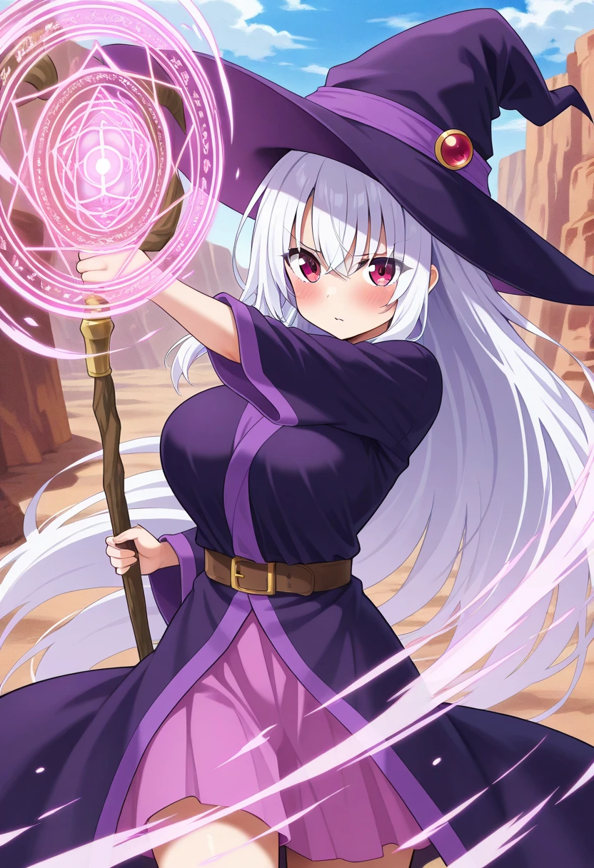 aerokinesis,1girl, solo,large breasts,breasts,blush,day,outdoors,canyon,white hair,cowboy_shot,red eyes, hair between eyes,looking at viewer, bangs, purple eyes, eyes visible through hair,very long hair, bangs,sidelocks,witch,witch hat,robe,skirt,<lora:aerokinesis_v1_illustrious:.8>,magic,holding_staff,wind,magic circle, gust,cyclone,action,dynamic pose, casting spell,