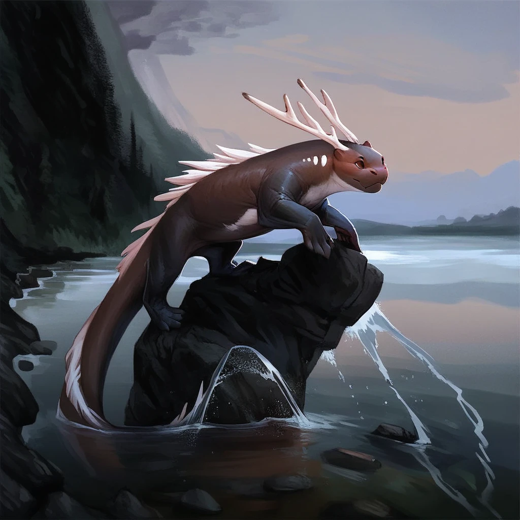 Score_7_up, score_8_up, full body, from side, feral, mishi, aquatic, otter, black fur, white spikes, antlers, long tail, standing, on rock, water, splashing water, scenery, lake,