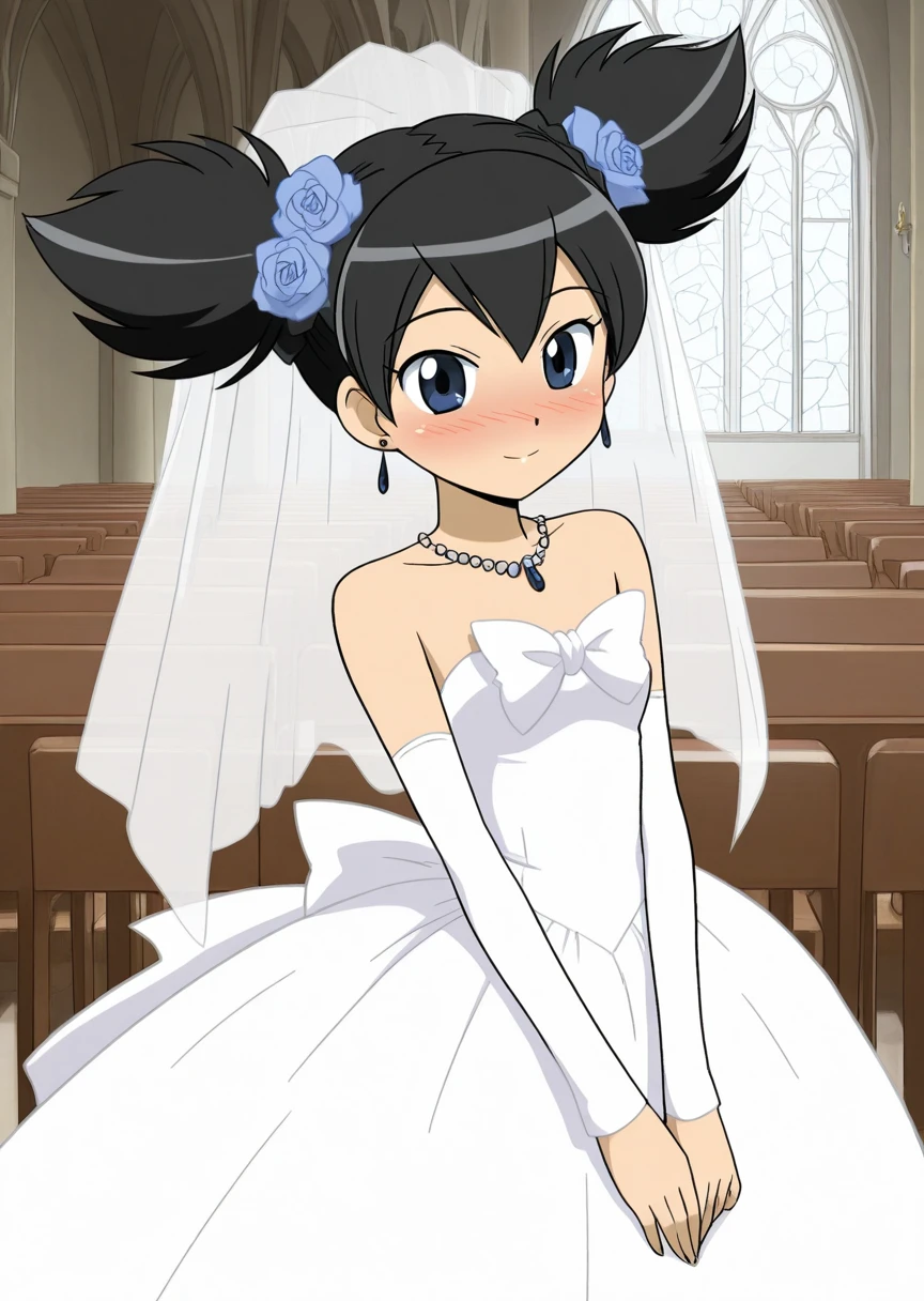 masterpiece, best quality, Kurumi nui, onegai my melody, 1girl, solo, blue eyes, black hair, earrings, jewelry, hair flower, high twintails, detached sleeves, ribbon, bare shoulders, strapless, happy, tail, wedding dress, wedding veil, church, blush, deep blush, nose blush,