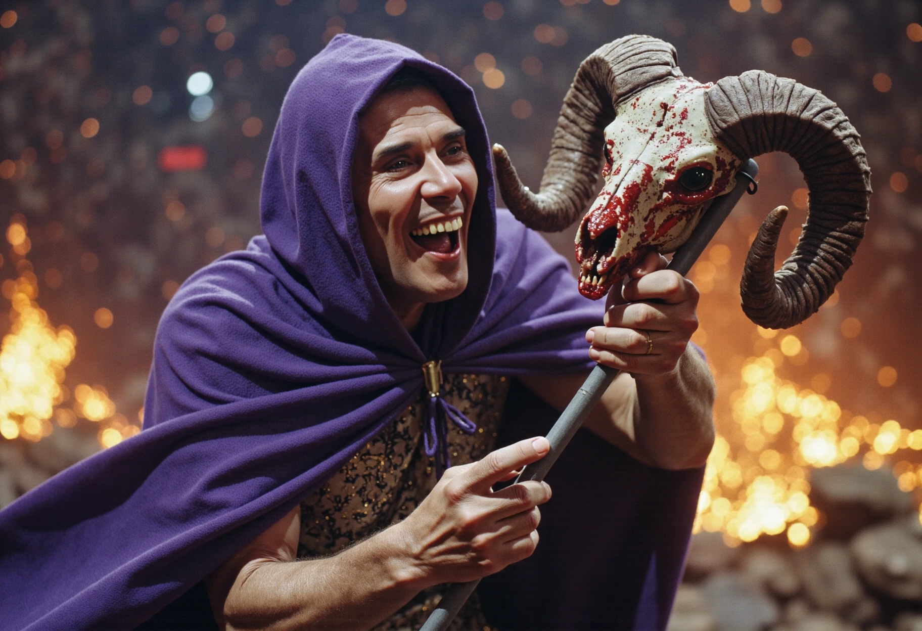 hilarious, tragi-comedy snuff, an image of Skeletor Gene Rayburn in a purple cloak, swinging a big staff with a ram skull on the end of it, bloody festivity of graphic injury, suffering, gore, intricate, disturbing values