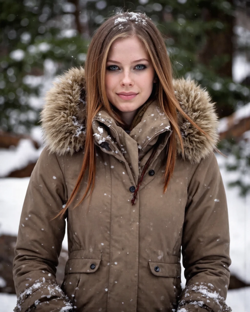 This photograph captures avril_lavigne with fair skin and long, straight auburn hair, which is partially covered by a light dusting of snow. She has a gentle, serene expression on her face, with grey-blue eyes and a slight, closed-lip smile. Her hair cascades down her shoulders, and she is dressed in a cozy, light brown winter coat with a thick, luxurious fur collar and cuffs, providing a warm contrast to the cold, snowy background. The coat appears to be made of a soft, textured fabric, enhancing its insulating properties. 
In the background, the setting is a snowy forest, with blurred, dark green pine trees and branches visible, adding depth and a natural, wintry ambiance. Snowflakes are gently falling, creating a soft, ethereal effect and enhancing the overall serene and peaceful atmosphere of the scene. The photograph is taken in a natural, outdoor setting, likely during winter, as suggested by the snow-covered environment and the woman's winter attire. The lighting is soft and natural, with the snowflakes providing additional texture and sparkle to the image. The overall composition and detail in the photograph convey a sense of tranquility and beauty in a snowy winter landscape.