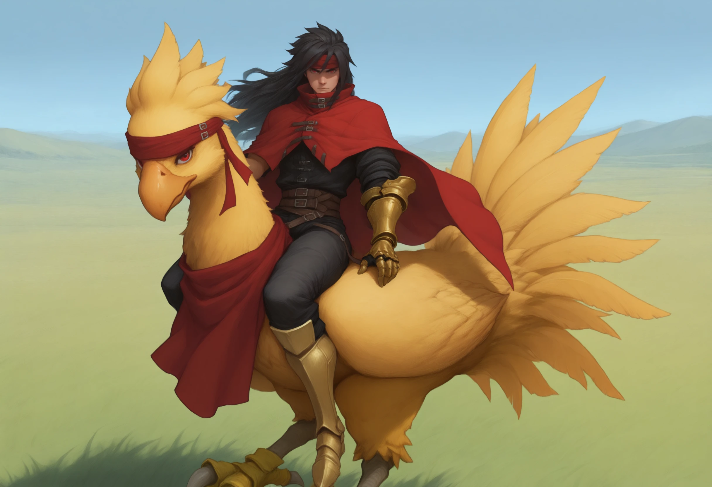 masterpiece, best quality, solo, 1boy, looking at viewer,  <lora:Vincent-valentine-illus_Fp:1>, vincentff7, black hair, red eyes, long hair, red headband, red cloak, buckle, black shirt, black pants, single gauntlet, multiple belts, single fingerless glove, riding, chocobo, outdoors, field, armored boots, yellow footwear,