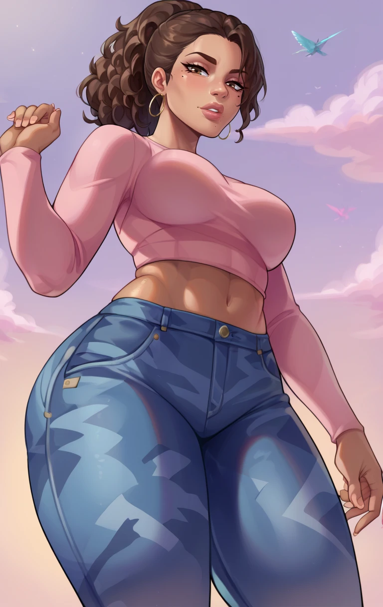 score_9,score_8_up,score_7_up,zPDXL2,zPDXLxxx,zPDXL3,<lora:Lucia:1>,1girl,brown hair,shirt,brown eyes,pants,dark skin,medium hair,mole,dark-skinned female,jeans,lips,crop top,ponytail,camouflage pants,denim,mole under  eye,pink shirt,sunset,jeans,blue pants,from below,