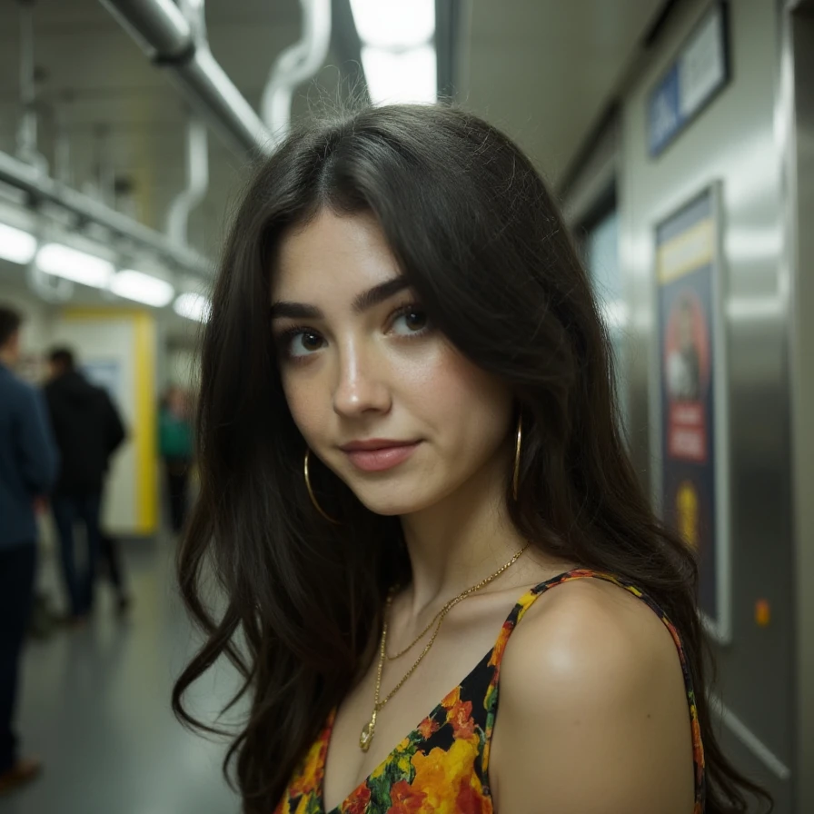 (A cinematic shot of <lora:Eliza_Browne:1> a young woman with a light to medium skin tone. A stunning female model, long, wavy hair, makeup and mascara. She is wearing a colorful dress, standing in subway station looking at the viewer)