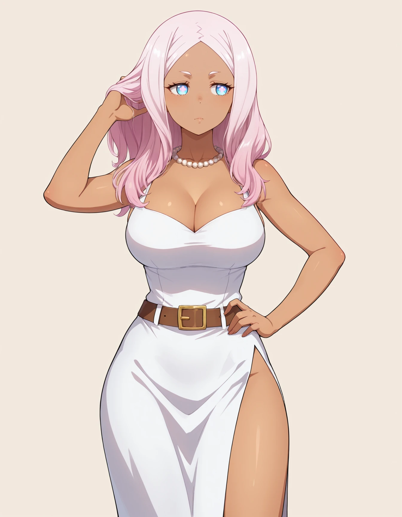 <lora:Hibana:1>
h1bana, dark-skinned female, long hair, blue eyes, symbol-shaped pupils, light pink hair, 
white dress, side slit, cleavage, belt, pearl necklace, 
facing viewer, feet out of frame, cowboy shot, one hand in hair, looking away, one hand on hip, 
simple background,, masterpiece, best quality