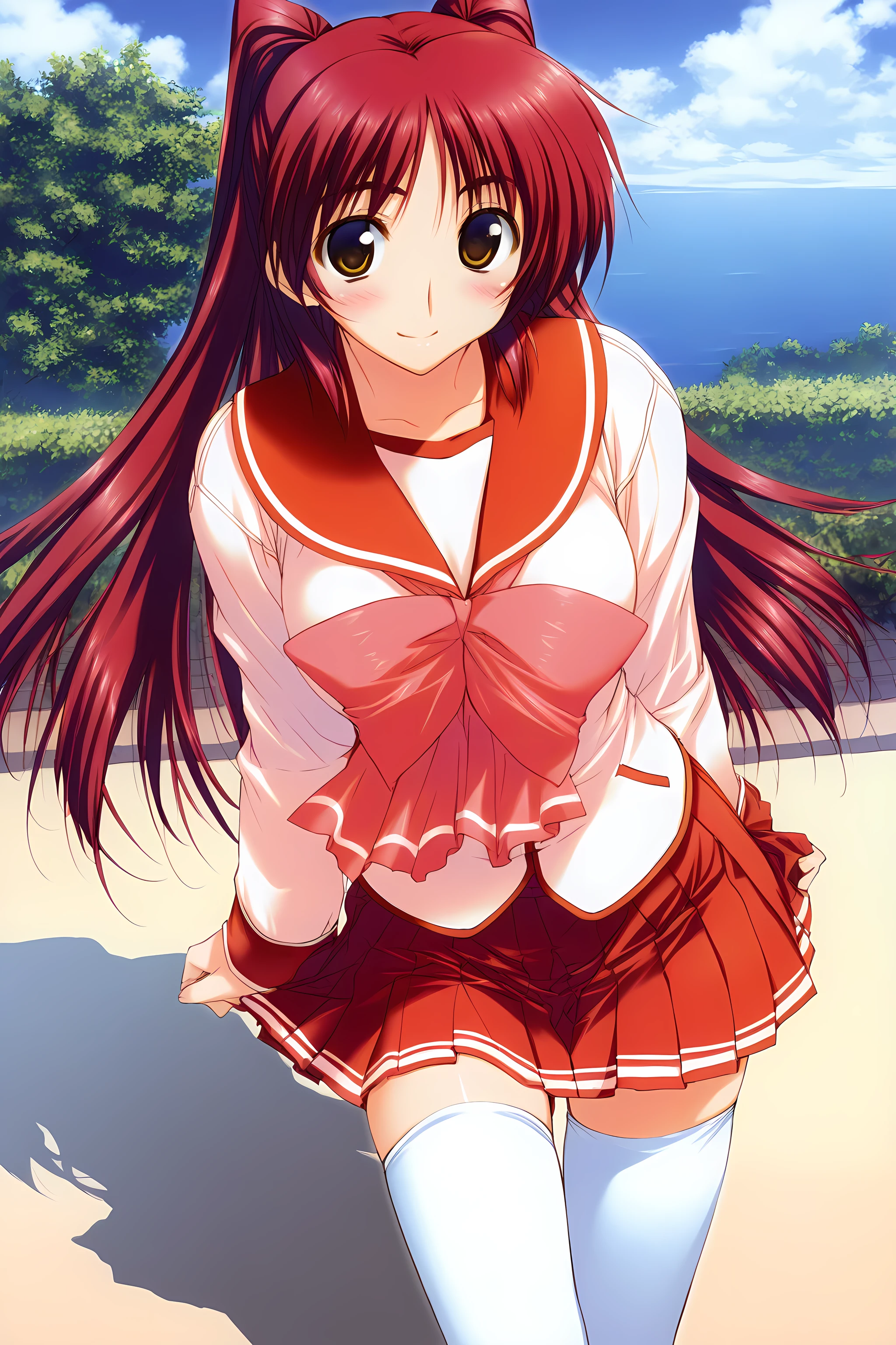 tamaki_kousaka, 1girl, solo, red hair, thighhighs, school uniform, long hair, serafuku, skirt, brown eyes, long sleeves, zettai ryouiki, pleated skirt, day, sky, white thighhighs, blush, cloud, smile, outdoors, looking at viewer, miniskirt, red skirt, defaultoutfit<lora:TamakiKousaka:1>, (masterpiece),(best quality),(ultra-detailed),(best illustration),(best shadow),(absurdres),(detailed background),(very aesthetic),