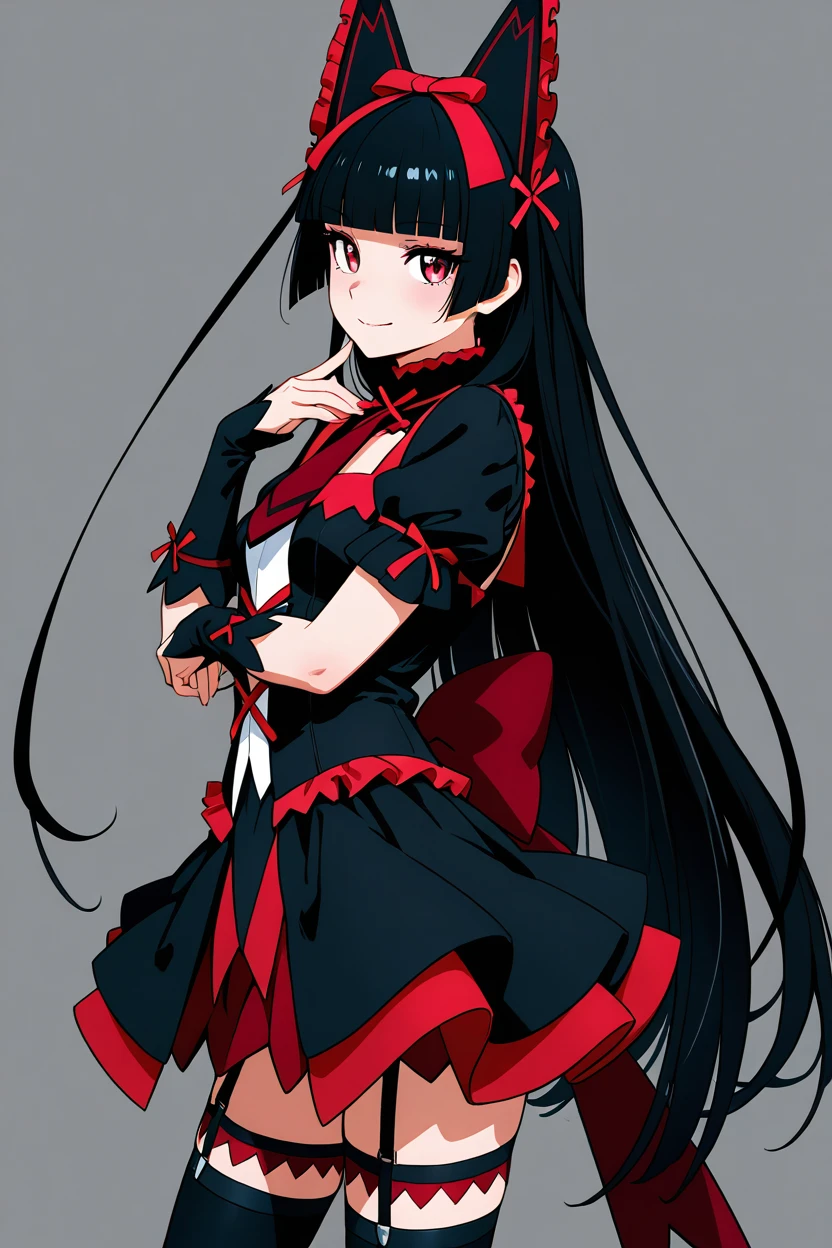 masterpiece, best quality, 1girl, solo, 21 year old model, eyelashes, (beautiful eyes),     ,,, zzRory, rory mercury, red eyes, long hair, black hair, blunt bangs, hime cut, very long hair, hair ribbon, black dress, black thighhighs, garter straps, bow, <lora:RoryMercuryIXL_v3:1.0>,upper body, side view, smile, looking at viewer, shiny skin,