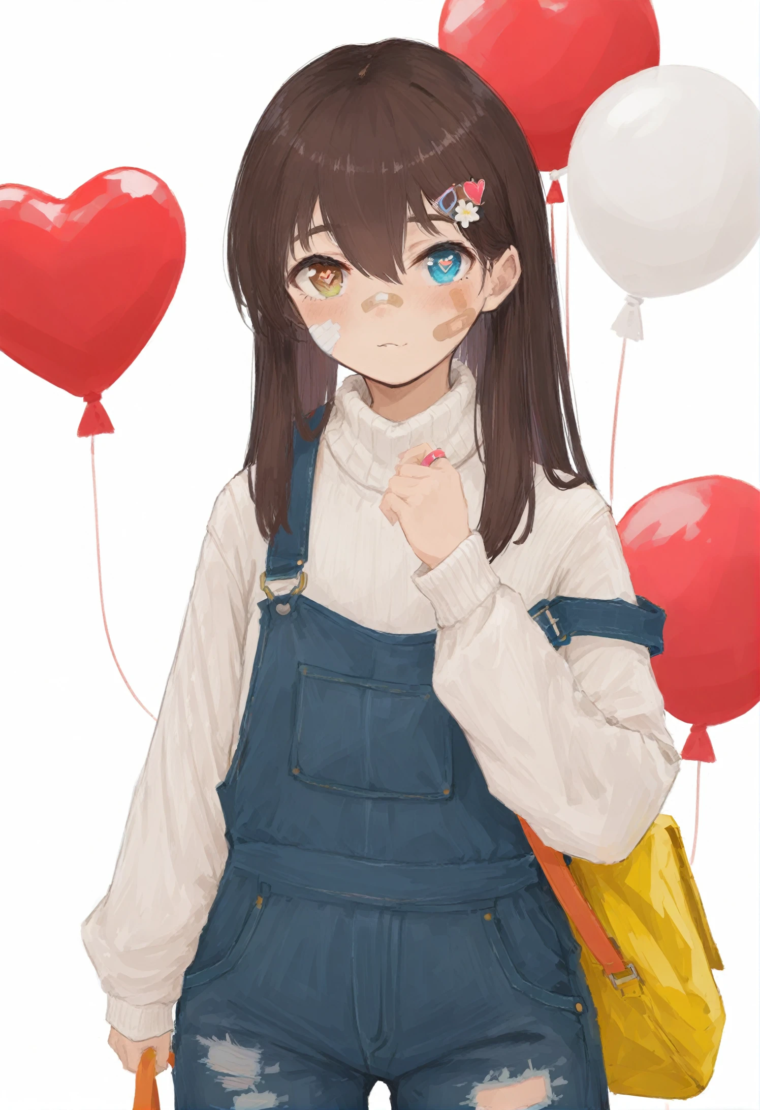 solo, hair ornament, overalls, turtleneck, heterochromia, 1girl, long sleeves, brown hair, long hair, sweater, looking at viewer, hairclip, flower, heart, bandaid, symbol-shaped pupils, balloon, white background, turtleneck sweater, sleeves past wrists, white flower, bag, closed mouth, white sweater, heart hair ornament, bandaid on face, strap slip, hand up, hair between eyes, blue overalls, simple background, cowboy shot, plant, denim 
,, masterpiece,best quality,very aesthetic,absurdres 
<lora:xilmoforill-000128:0.95>