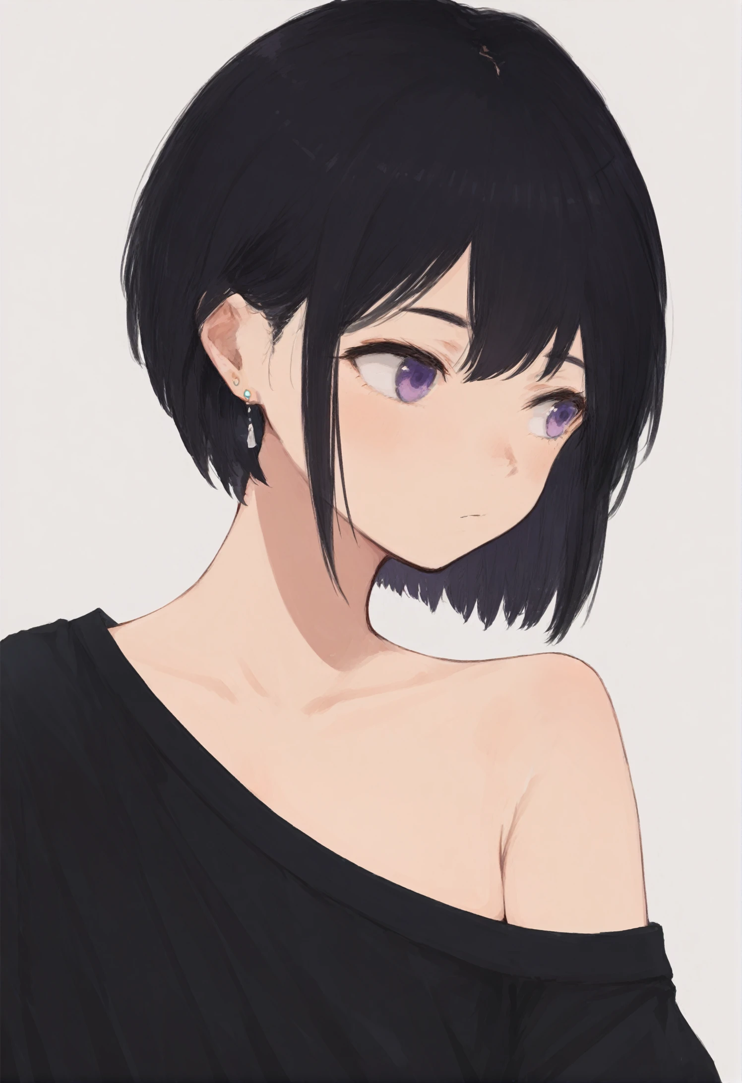 solo, 1girl, purple eyes, upper body, simple background, earrings, black hair, short hair, shirt, jewelry, off shoulder, black shirt, white background, grey background, closed mouth, looking to the side 
,, masterpiece,best quality,very aesthetic,absurdres 
<lora:xilmoforill-000128:0.95>