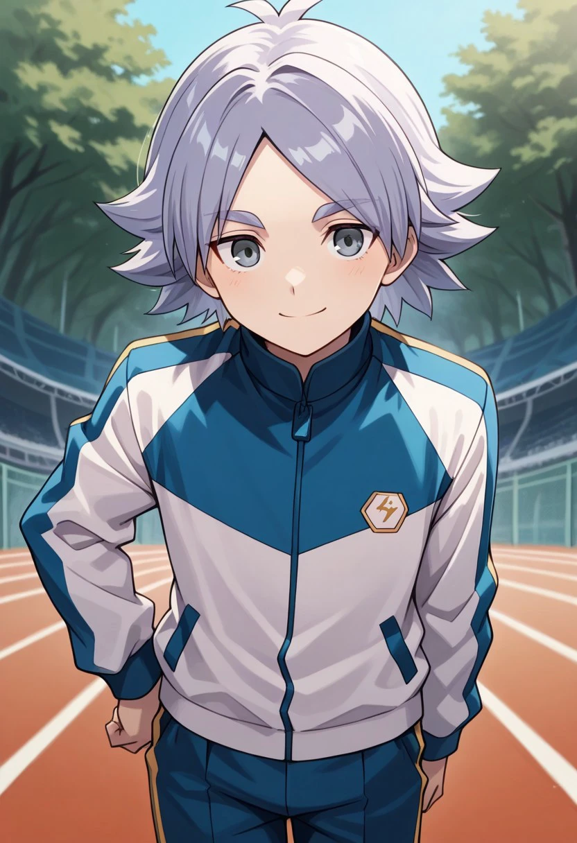 masterpiece, best quality, 
fubukishirou, male focus, solo, grey hair, parted bangs, grey eyes, sportwear, jacket, track jacket, multicolored jacket, multicolored clothes, blue jacket, white jacket, pants, blue pants, smile
outdoor,