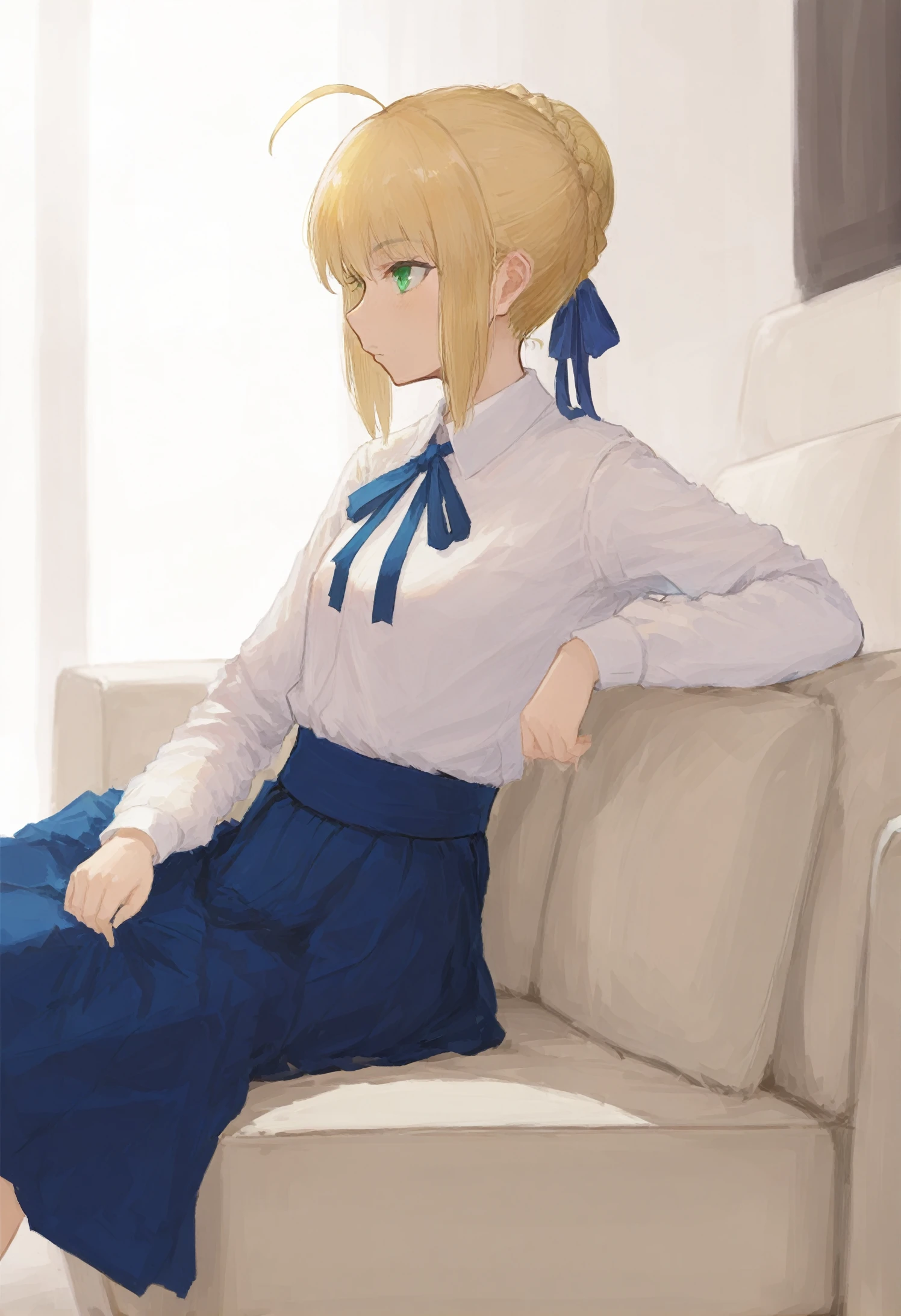 1girl, solo, artoria pendragon \(fate\), ribbon, blonde hair, ahoge, saber \(fate\), shirt, braid, white shirt, blue ribbon, long sleeves, hair ribbon, from side, hair bun, green eyes, skirt, upper body, sidelocks, short hair, profile, closed mouth, couch, blue skirt, neck ribbon 
,, masterpiece,best quality,very aesthetic,absurdres 
<lora:xilmoforill-000128:0.95>