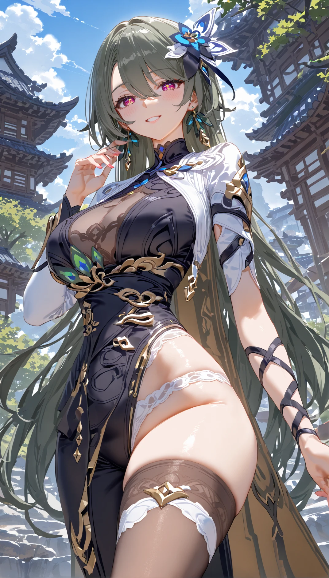 (masterpiece, best quality:1.2), highres, absurdres, high quality, very asthetic, fine and intricate details,
1girl, tall female, mature female, vita \(honkai impact\),
hair ornament, long hair,  dark-green hair, grey hair, hair between eyes, hair flower, bangs
red eyes, pink eyes, symbol-shaped pupils, yellow pupils,  looking at viewer, teasing, half-closed eyes,
jewelry, earrings,
large breasts,  narrow waist, thighs.  wide hips,
center opening,
black dress, white sleeves,  gold pattern, gold trim, frills,
asymmetrical legwear, asymmetrical pants, tight pants, one leg covered, 
flower,
feet out of frame,
standing, dutch angle, hand up, 
scenery, outdoors, 
<lora:vita_XL_v3:0.8>
<lora:hand 4:0.2>