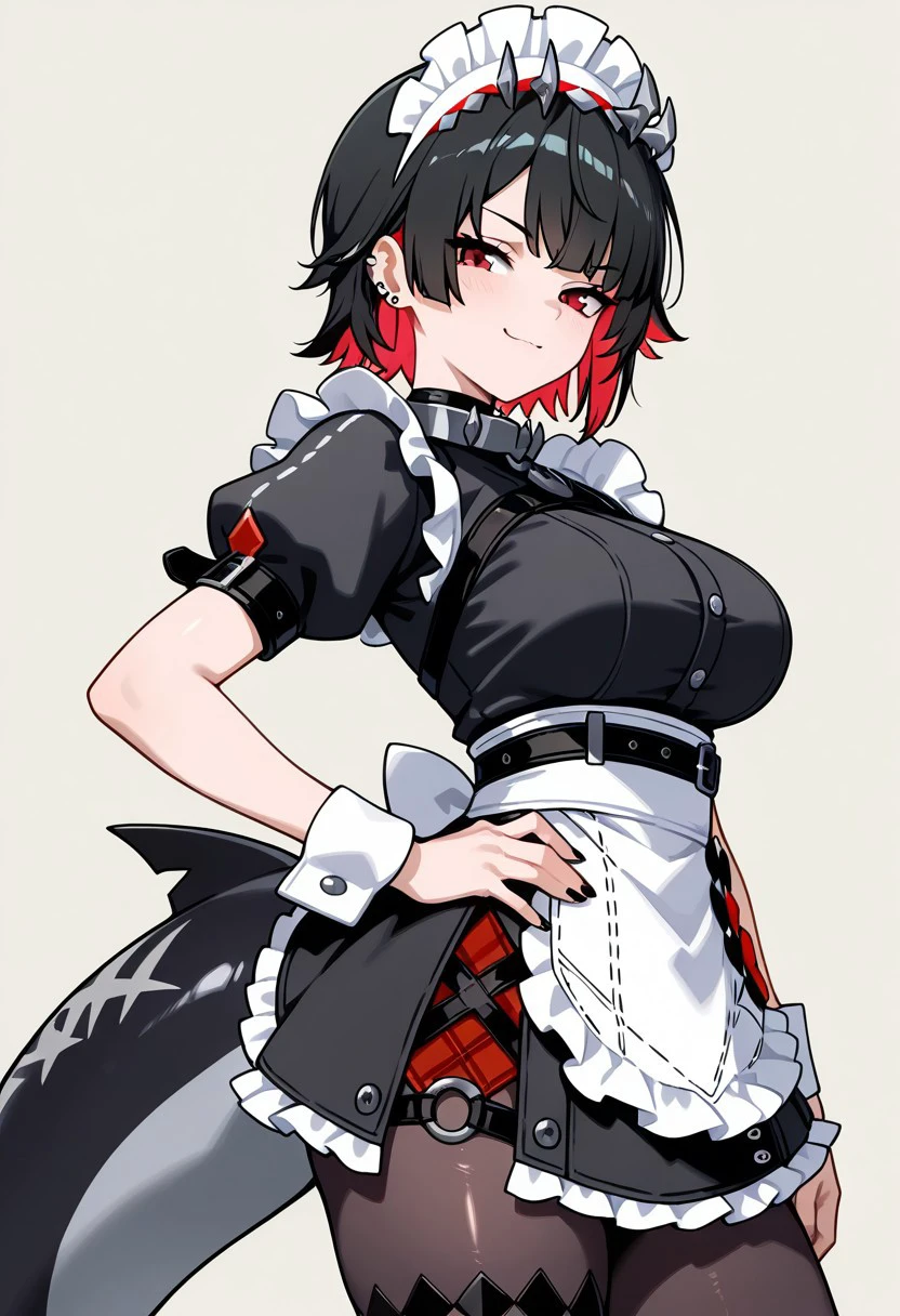 masterpiece, best quality, 1girl, solo, 21 year old model, eyelashes, (beautiful eyes),     
ellen joe, black hair, colored inner hair, multicolored hair, red eyes, red hair, short hair, two-tone hair, apron, black pantyhose, black shirt, black skirt, ear piercing, fins, fish tail, maid, maid apron, maid headdress, pantyhose, piercing, puffy short sleeves, puffy sleeves, shark girl, shark tail, shirt, short sleeves, skirt, tail, two-tone hair, wrist cuffs,   
cowboy shot, hand on hip, smug, smile, looking at viewer, shiny skin,