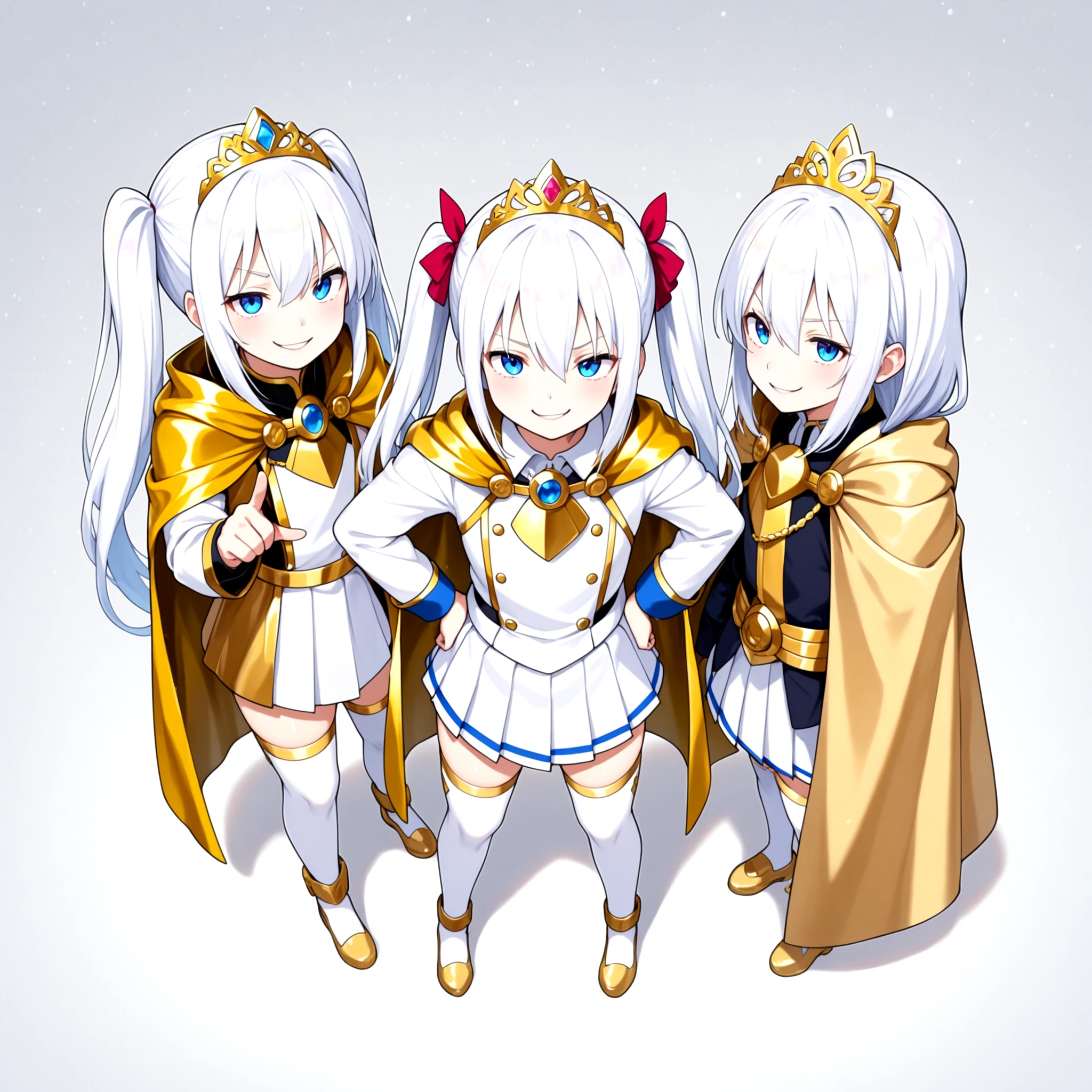 tiara, white hair, twintails, blue eyes ,gold accent cape, pleated skirt, long sleeves, long hair, straight hair, hair between eyes, twintails, white thighhighs, {{{multiple backgrounds}}}, from above, hand on hip, pointing, smirk, {best quality, amazing quality, very aesthetic, absurdres}