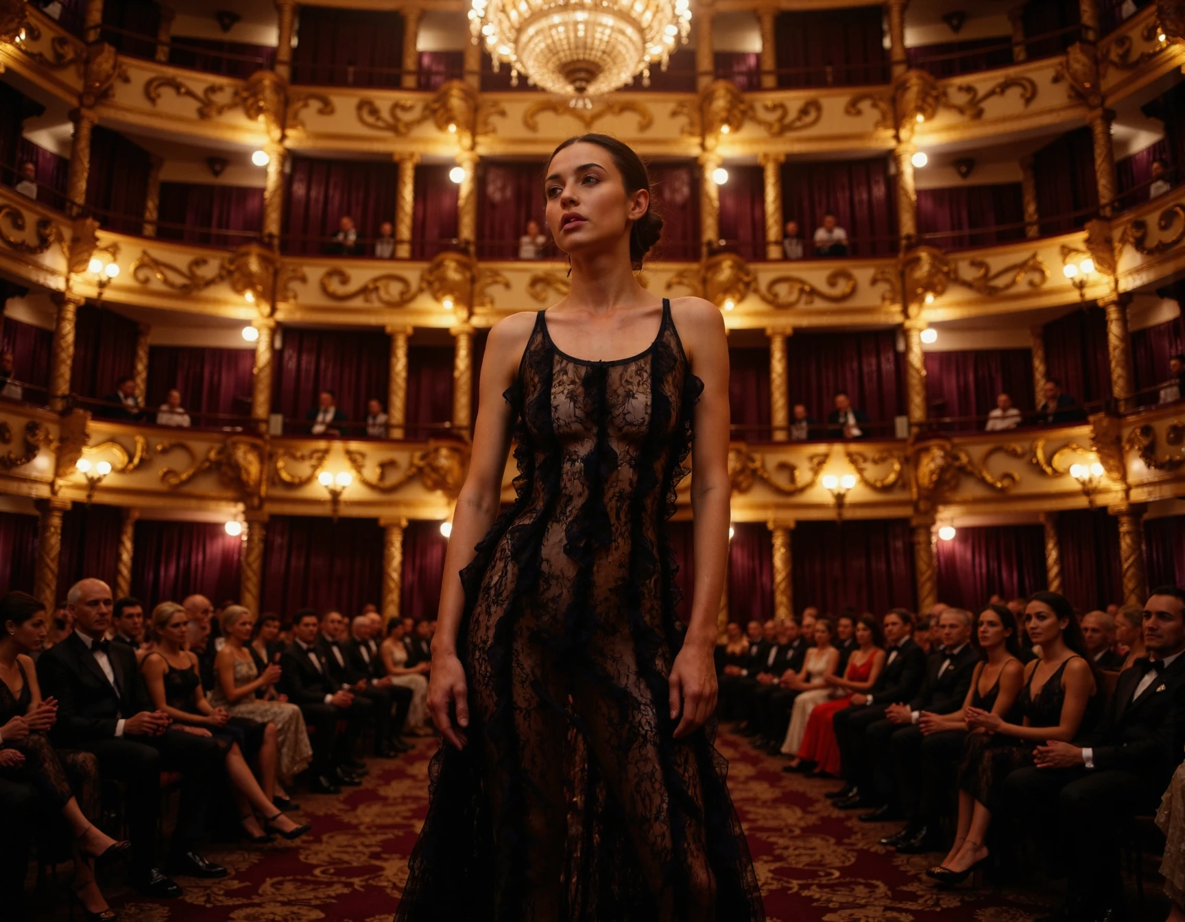 analog film photo In the sumptuous setting of the magnificent Opera Garnier, a Lyric singer captivates an audience dressed in elegant evening wear. The grand chandeliers sparkle like a thousand stars, their crystals reflecting the soft glow of golden light that bathes the auditorium. Rich purple tapestries and intricate ornamental decorations envelop the sumptuous venue, reinforcing the atmosphere of anticipation and excitement.
As the singer, dressed in a l4cebl4ckdr3ss, her voice soars, the electricity in the air becomes palpable. Each note carries a powerful emotion that spreads through the crowd, triggering enthusiastic applause and cheers that resonate off the golden walls.
An orchestra plays powerful music. The audience sways gently in their seats, some clasping their hands in wonder while others lean forward, completely immersed in the spellbinding experience. detailed skin, vintage, highly detailed, soft lighting, heavy shadow, masterpiece, best quality, 8k, golden ratio, <lora:l4cebl4ckdr3ss-v1-3:1> . faded film, desaturated, 35mm photo, grainy, vignette, vintage, Kodachrome, Lomography, stained, highly detailed, found footage