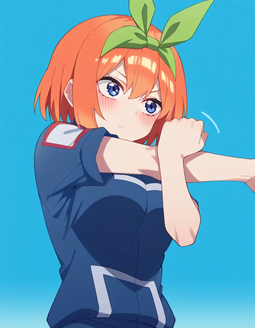 score_9, score_8_up, score_7_up, source_anime, <lora:yotsuba-nakano-s2-ponyxl-lora-nochekaiser:1>, yotsuba nakano, bangs, short hair, blue eyes, hair between eyes, hair ribbon, hairband, orange hair, green ribbon, large breasts,, <lora:ua-gym-uniform-ponyxl-lora-nochekaiser:1> ua gym uniform, u.a. gym uniform, blue track suit, blue pants, blue shirt, short sleeves,, blush, track and field, <lora:cross-body-stretch-ponyxl-lora-nochekaiser:1> cross-body stretch, stretching, arm across chest, exercising,, cowboy shot,