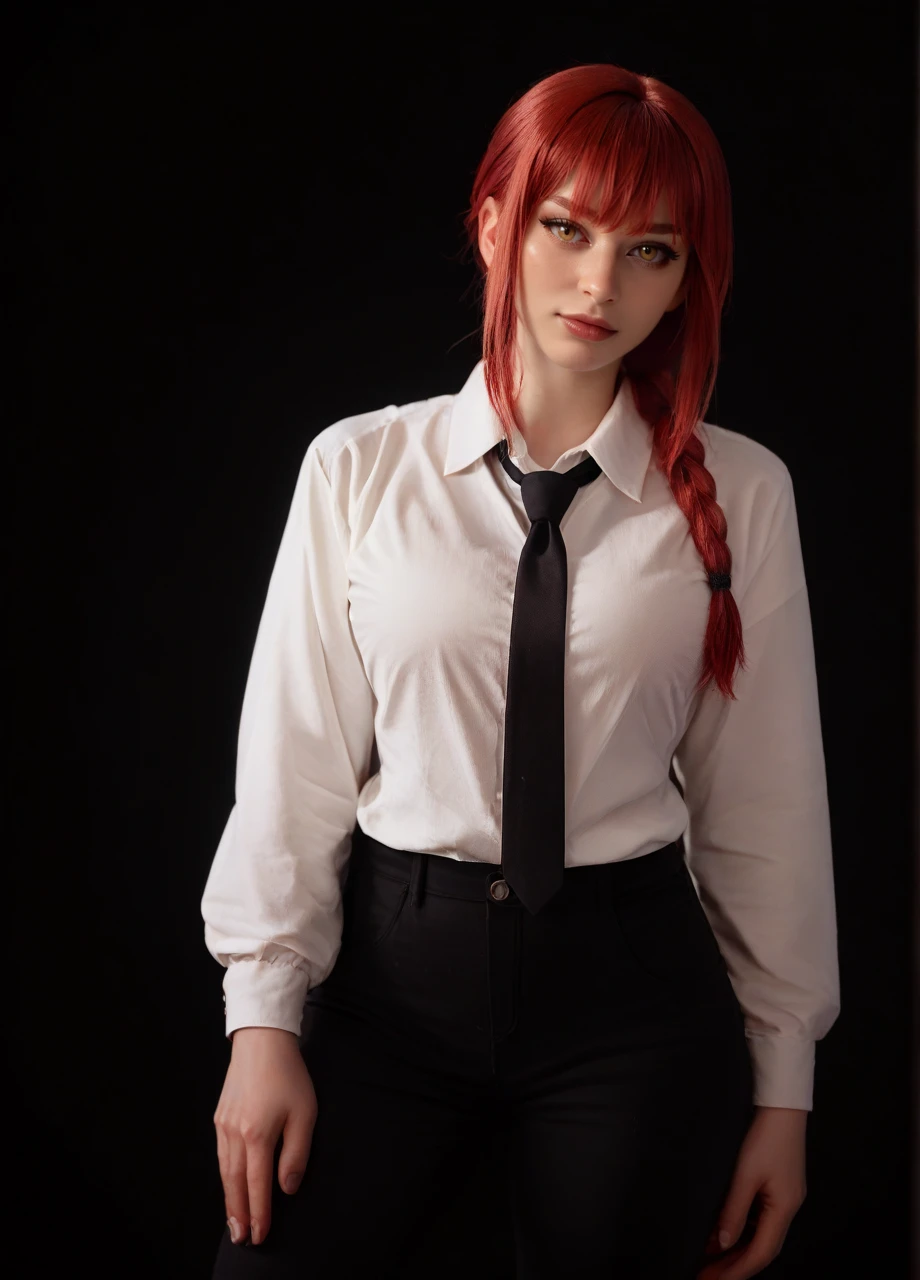 (best quality, master part, fullcolor, Dynamic angle, highest detailed) upper body photo, glad, (Makima, chainsawman), handsome fashion photography (red long hair) Kizi (Stunning mature woman), ((Massive medium breasts)), High Dress Up Detailed Office Makima Suit, white shirt black tie(high resolution textures), in doggy pose, bokeh, (details Intricate, hyperdetailed:1.15), circunstanciado, sunlight passing through hair, office background, (offcial art, extremely detaild, highest detailed),