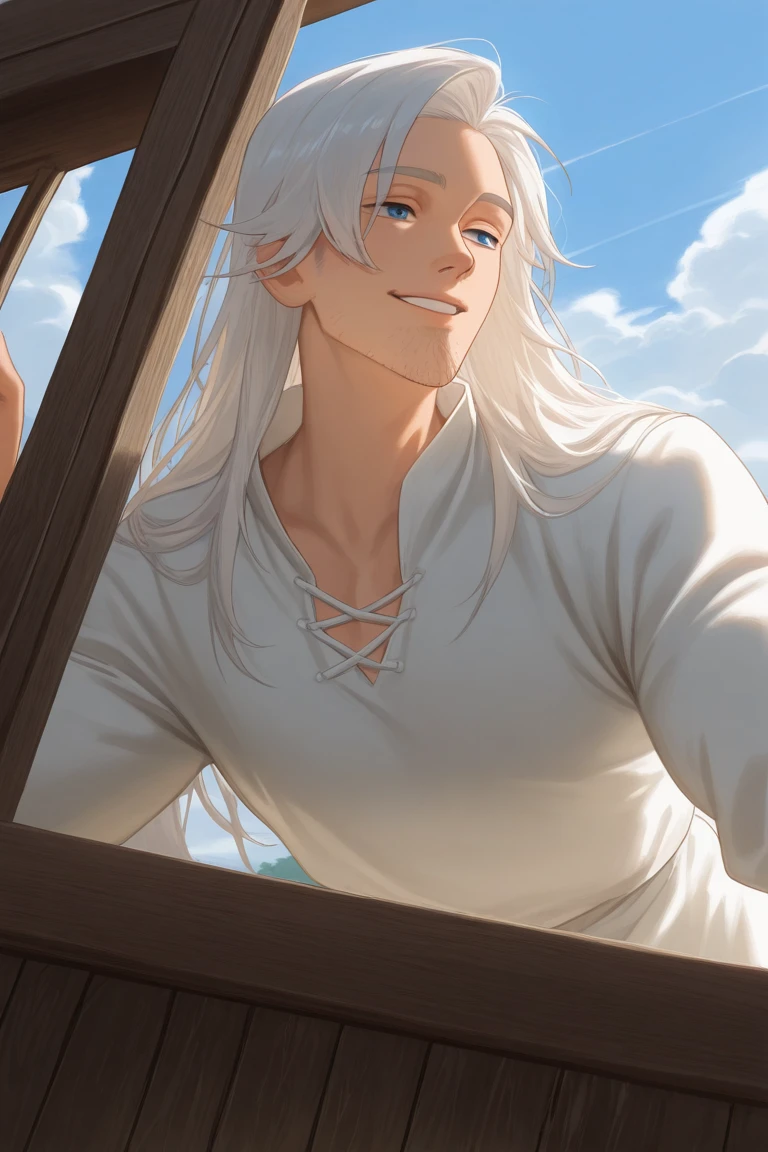 subsurface scattering, realistic shading, natural lighting, looking out a window, leaning forward on open window, male focus, looking away, expressive face, maelnnt, black_maelnnt_stubble, white_maelnnt_long hair, blue eyes, 1boy, arm on open window, sweet smile, medieval theme, medieval clothes, medieval shirt, cosplay, wooden wall, outdoors-blue sky, from outside, cloud, clothes line, from below, dutch angle, dynamic angle, intricately detailed illustration, depth of field, masterpiece, best quality, amazing quality, very aesthetic, absurdres, newest