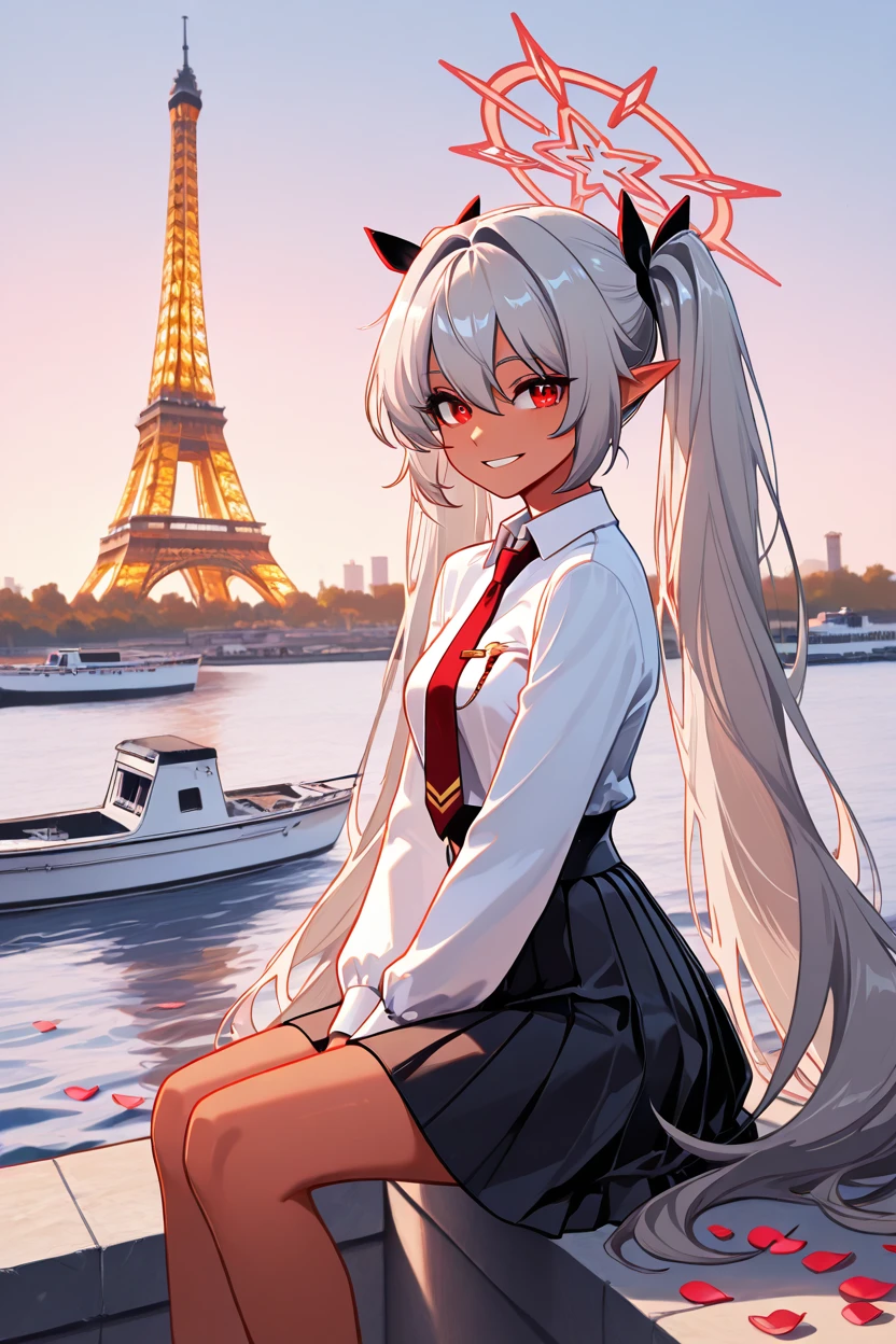 masterpiece, best quality, 1girl, solo, 21 year old model, eyelashes, (beautiful eyes),     ,,, zzIori, red eyes, halo, long hair, twintails, dark skin, very long hair, pointy ears, grey hair, skirt, ribbon, hair ribbon, white shirt, necktie, collared shirt, long sleeves, <lora:IoriBlueArchiveIXL:1.0>,,,, zzEiffelTower in background, sitting, watercraft, boat, sitting on wall, side view, looking at viewer, smile,,, blooming stars, luminescent petals, otherworldly fragrance blurry background, <lora:EiffelTowerIXL_v2:1.0>,