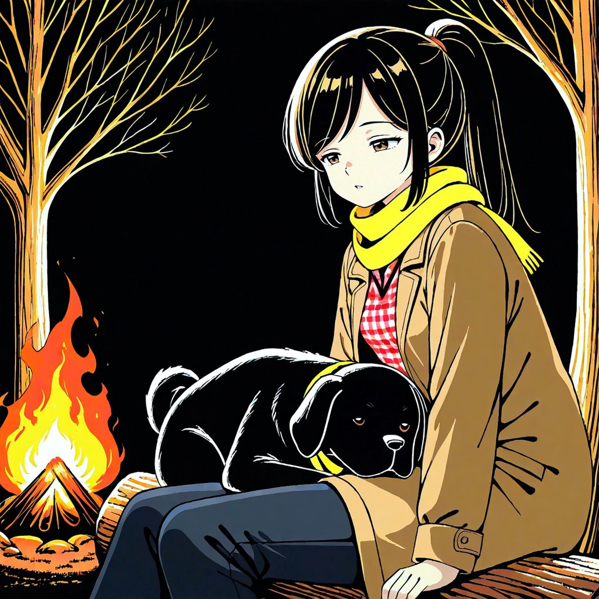 Camping outfit, sitting on a log, Sitting in front of a small campfire
1girl, black hair, long hair, swept bangs, ponytail,brown eyes, parted lips, small breasts, straight hair, 
yellow scarf, (red gingham check shirt:1.2), collared shirt, black jeans,brown coat, looking at camping fire,(hugging black dog,Labrador retriever:1.1)
night forest, tree
black background,black and orange, [realistic::0.1], perspective, drop shadow, from side, Dogs don't have white eyes
[(pc-98 \(style\), limited palette, flat color, dithering:1):0.1], 
<lora:RetroCG-Vividï½°IL:0:0.6>