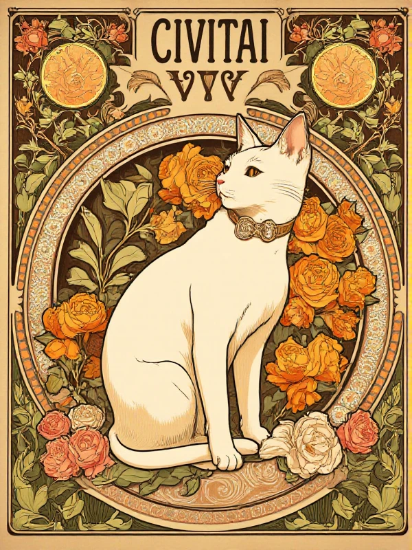 <lora:Art_Nouveau_Style:0.9> art nouveau style, a cat, flowers, text says "CIVITAI"