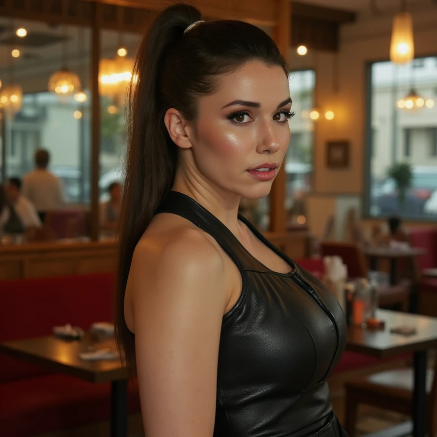 (A cinematic shot of <lora:Grace_Caroline_Currey:1> a young woman with a light to medium skin tone. a stunning female model, high ponytail hair, makeup and mascara. She is wearing a modest leather dress, standing in cafe looking at the viewer)