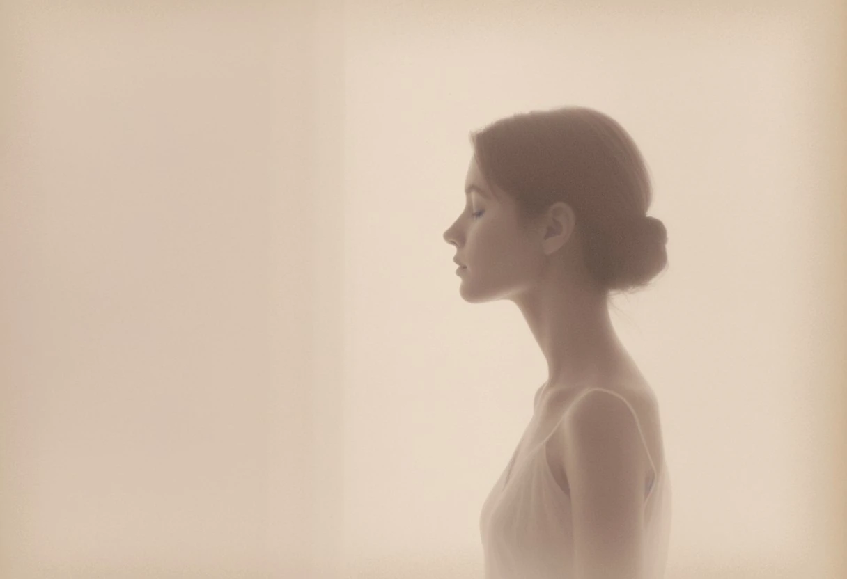 n aesthetic, minimalist depiction of a female profile in side view. The focus is on the soft contours and calm, monochromatic tones. The scene feels mystical and dreamy, almost as if viewed through a delicate mist, with gentle light accentuating the silhouette. The background is diffuse and creamy white, drawing attention to the elegant simplicity of the figure.