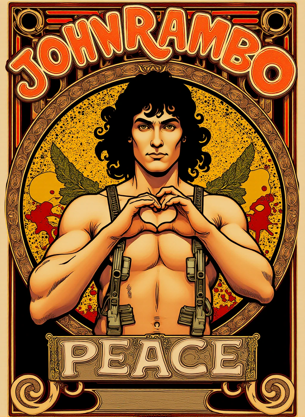 <lora:Art_Nouveau_Style:0.9> art nouveau style, John Rambo making a heart shape with his fingers. Text says "PEACE". guns, machineguns, knives, blood splashes