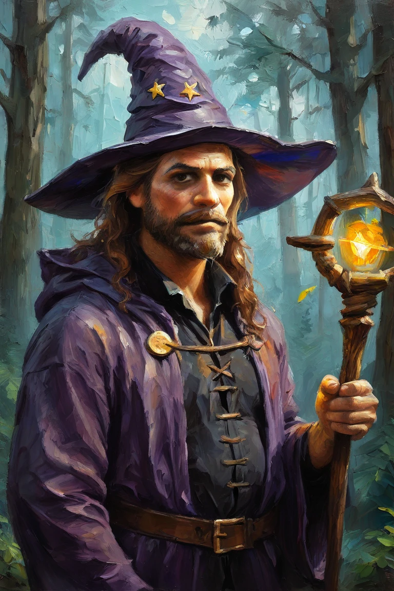 masterpiece, best quality, highres, newest, paletteknife, traditional media, realistic, 1boy, solo, male focus, mature male, wizard, long hair, brown hair, black eyes, looking at viewer, hat, facial hair, beard, mustache, staff, wizard hat, purple hat, black shirt, collared shirt, robe, purple robe, hooded cloak, holding, holding staff, upper body, closed mouth, standing, outdoors, forest, nature, tree, fog, dark background <lora:Palette Knife [LoRA] - NoobAI-XL EPS 1.0:0.8>