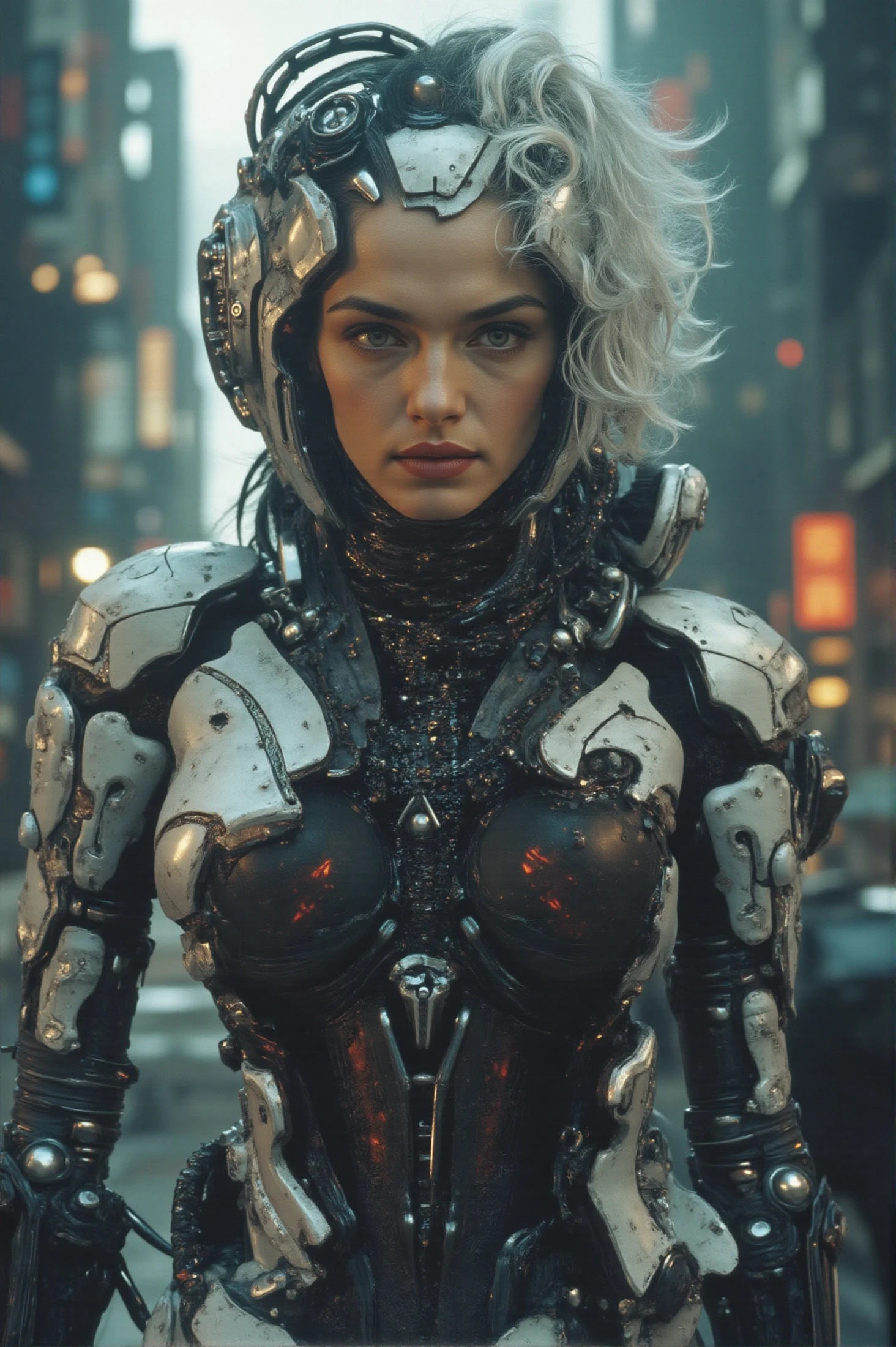 (photo of shalpflx, a woman), (soft even lighting), (futuristic city behind), (wearing cybernetic robot clothes in cyberpunk world), detailed face, detailed eyes, ((medium body portrait)), masterpiece, ((best quality)), (eye contact), looking at the viewer, centred, shot from front