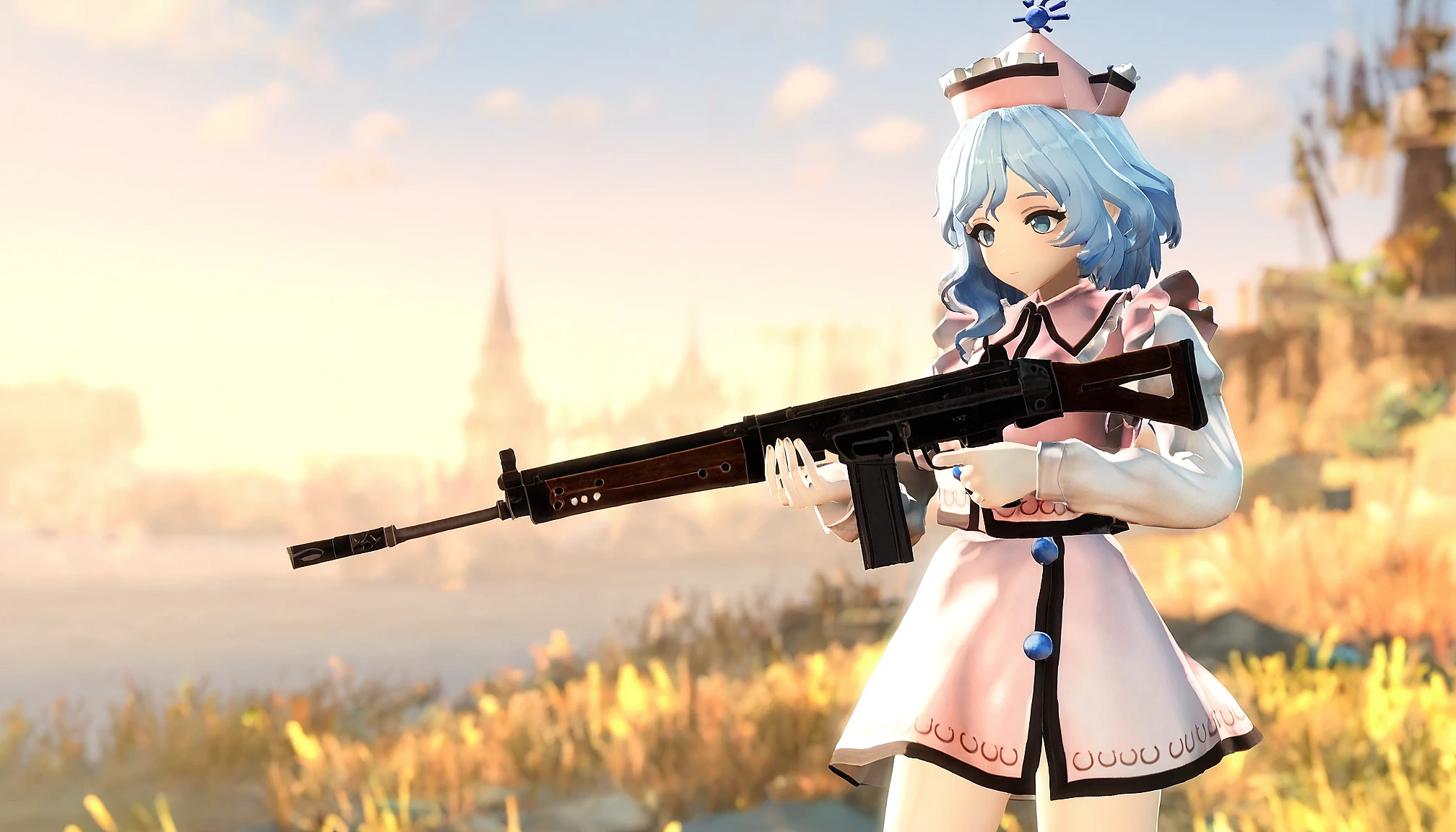 1girl, solo, merlin_prismriver, stent r91, assault rifle, holding gun, two-handed, outdoors cowboy shot, best quality, masterpiece, (genshin_impact), 3d, <lora:OWN/pops_fo3_r91-v002-000015.safetensors:1.0>