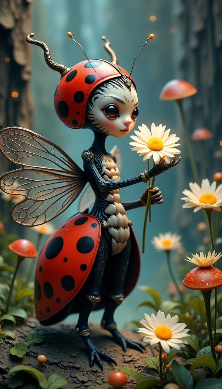 "A humanoid figure with a ladybug's scarlet and black carapace as their skin, with intricate, swirling patterns etched into their arms and torso. Their face is a blend of human features and ladybug-inspired elements, with large, black eyes and a small, button nose. A delicate pair of translucent wings sprout from their back, veined with a network of fine, silver lines. The hybrid stands amidst a lush, verdant oasis within the heart of a volcano, surrounded by vibrant, tropical flowers that seem to thrive in the harsh environment. They hold a bouquet of white daisies with yellow centers, admiring them with a gentle, childlike wonder. The daisies appear to be glowing softly, as if infused with an inner light, and the hybrid's eyes shine with an equal radiance.Their long, spindly fingers cradle the stems with care, and their thumbs sport tiny, articulated claws that seem to be tipped with a sparkling, iridescent dust. The air around them is heavy with the sweet scent of blooming flowers, and the distant rumble of the volcano provides a soothing, constant hum. In the background, the rocky walls of the volcano rise up, covered in a tapestry of glowing, bioluminescent mushrooms that cast an ethereal glow over the entire scene."