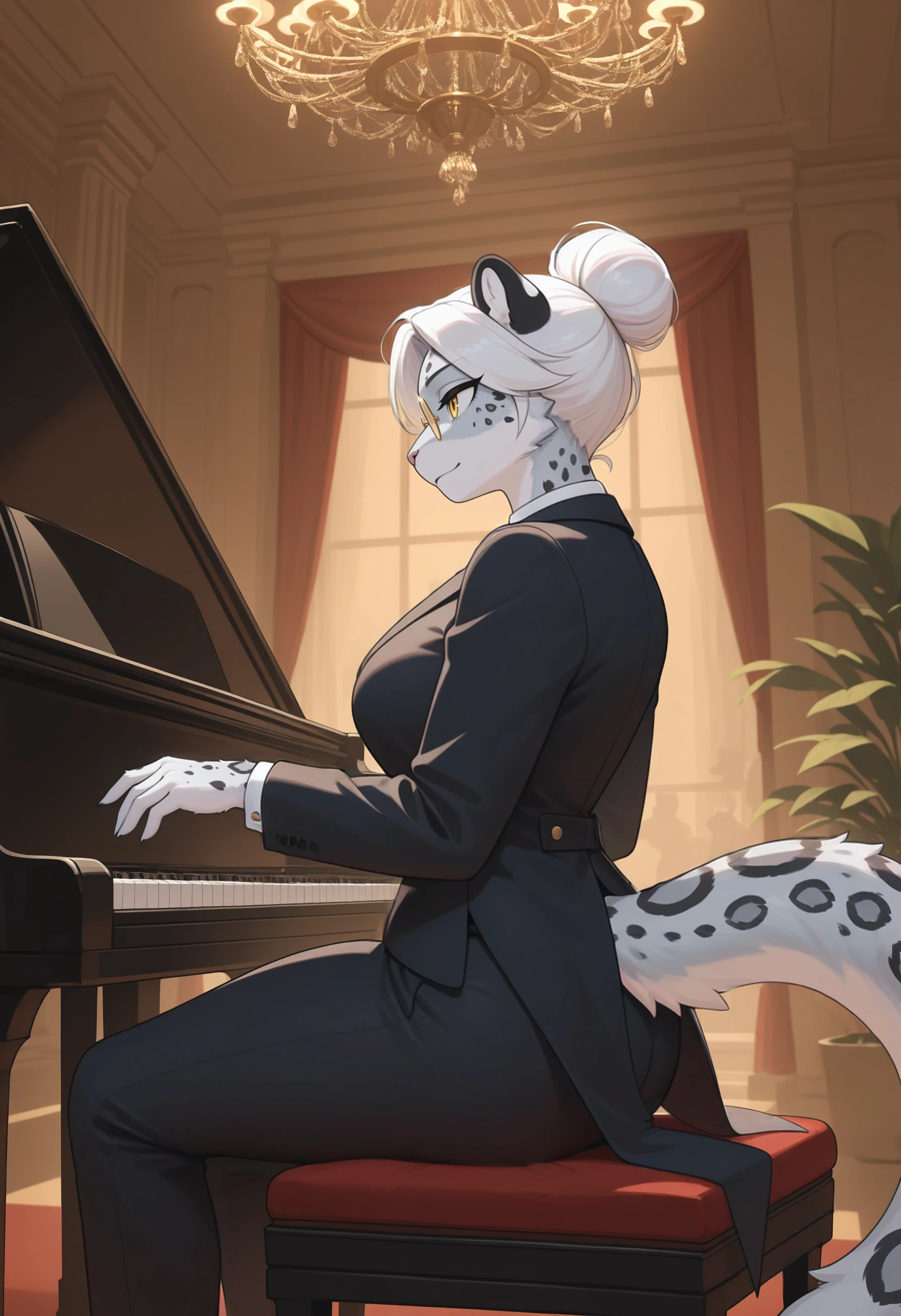 masterpiece, best quality, high quality, hi res, absurd res, new, newest, 2024, 2023, 2022, rendered, illustration, anthro, female, snow leopard, white fur, white hair, black spots, yellow eyes, hair up, hair bun,
suit, classy, gold glasses, piano, playing piano, sitting,
inside, ballroom, chandelier, pillar, plant, drapes, curtains, regal, royal,
detailed, detailed background, detailed clothing, moody, soft lighting, soft shading, soft focus,