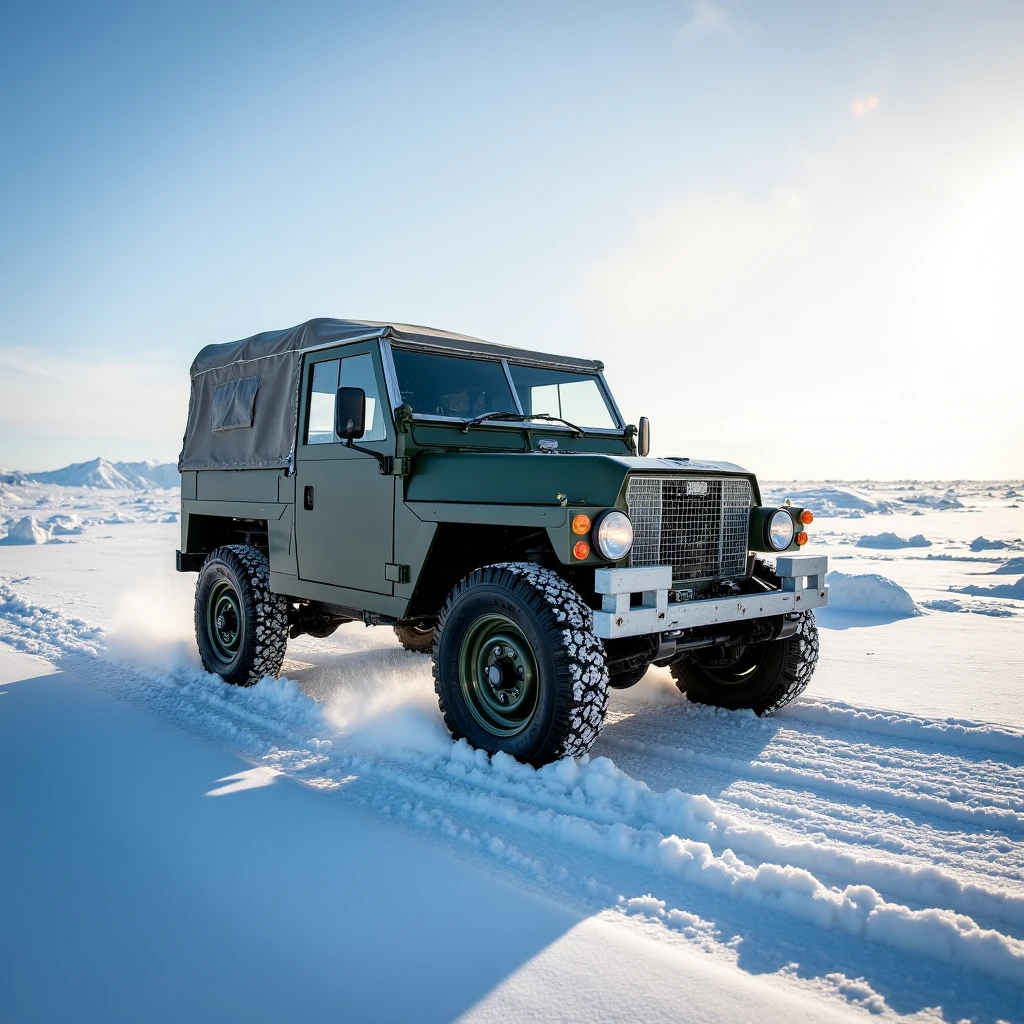 Imagine an image in the style of cinematic photorealism: A Land Rover Lightweight crawls across a frozen tundra, its tires crunching through fresh snow. Icy winds whip around it, and the stark, white expanse reflects the low winter sun. A pair of skis is mounted to its side, reinforcing its adaptability.