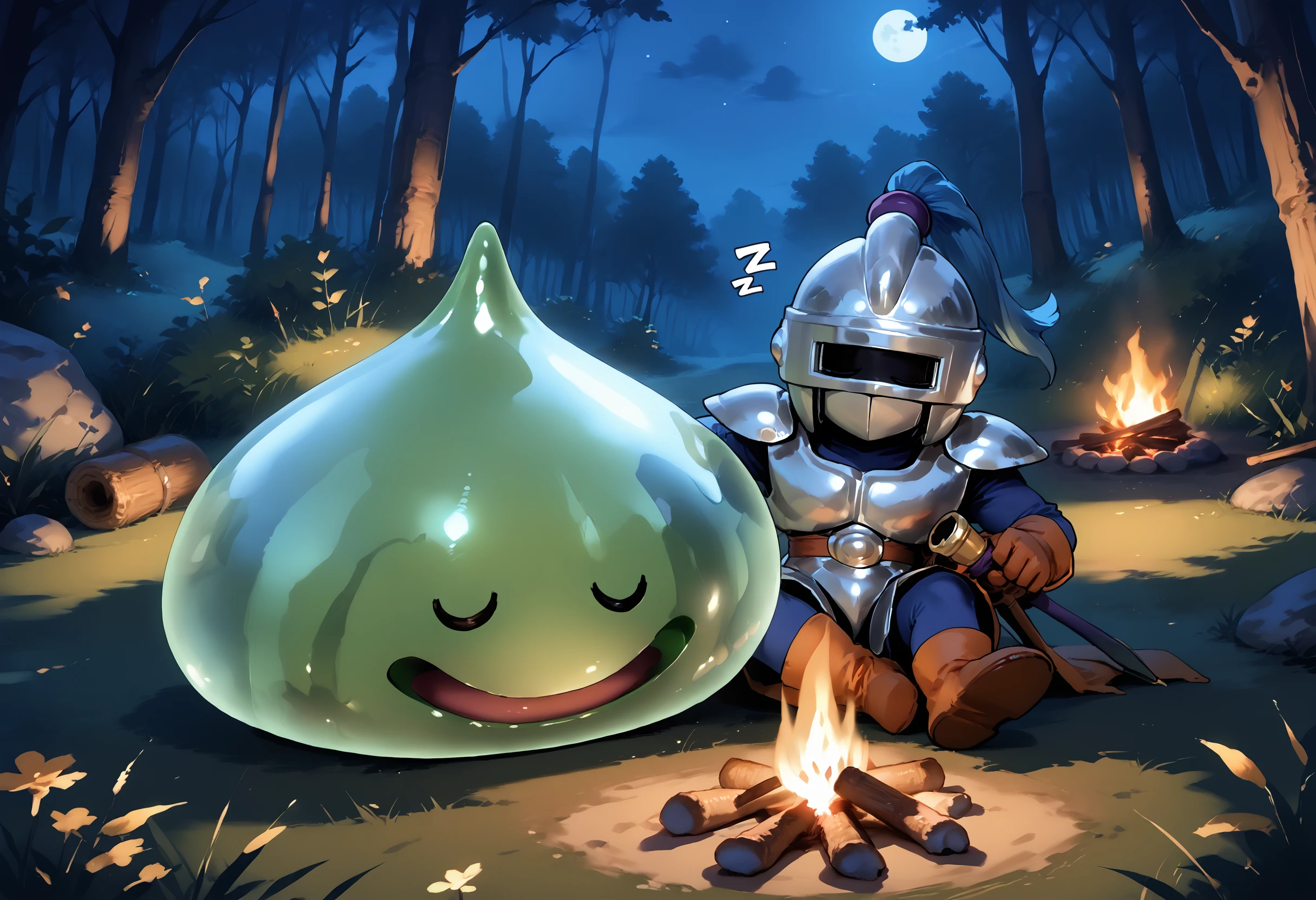 zPDXL3,night,nature,forest,<lora:Pony_DetailV2.0:1> BREAK slime knight,slime_(dragon_quest),armor,helmet,green skin,<lora:slime knight-v4-pony:0.9>,closed eyes,campfire,sleeping,zzz,